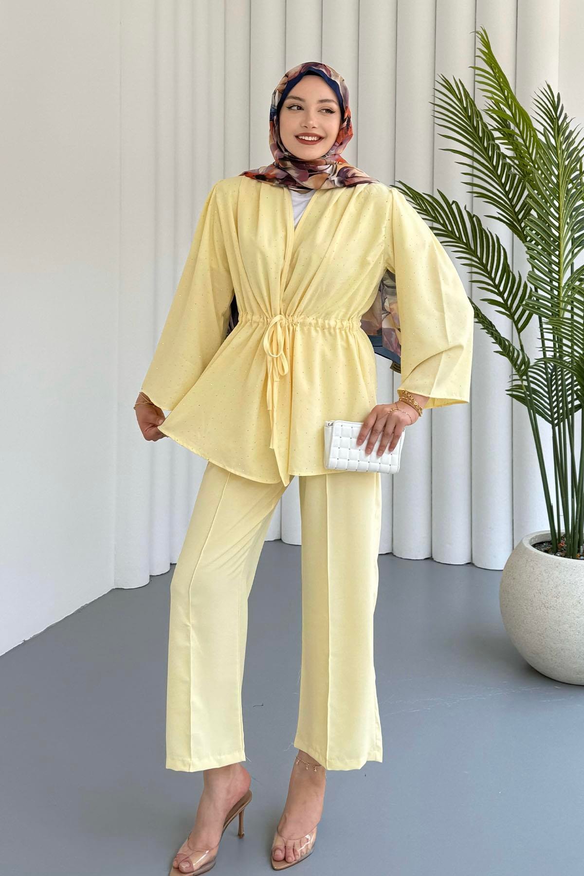 Belden Büzgülü Taş Serpmeli Kimono Pantolon Takım-SARI