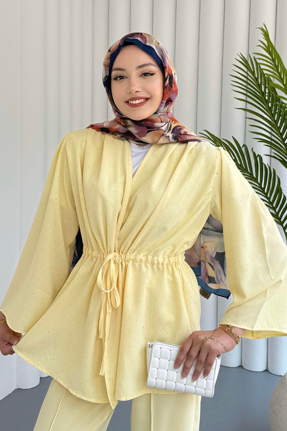 Belden Büzgülü Taş Serpmeli Kimono Pantolon Takım-SARI