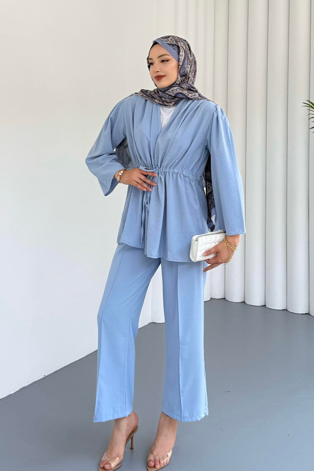 Belden Büzgülü Taş Serpmeli Kimono Pantolon Takım-MAVİ