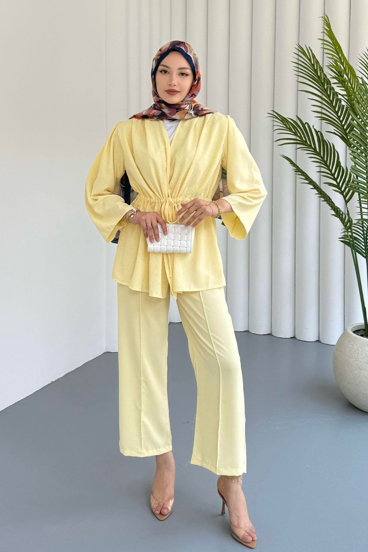 Belden Büzgülü Taş Serpmeli Kimono Pantolon Takım-SARI