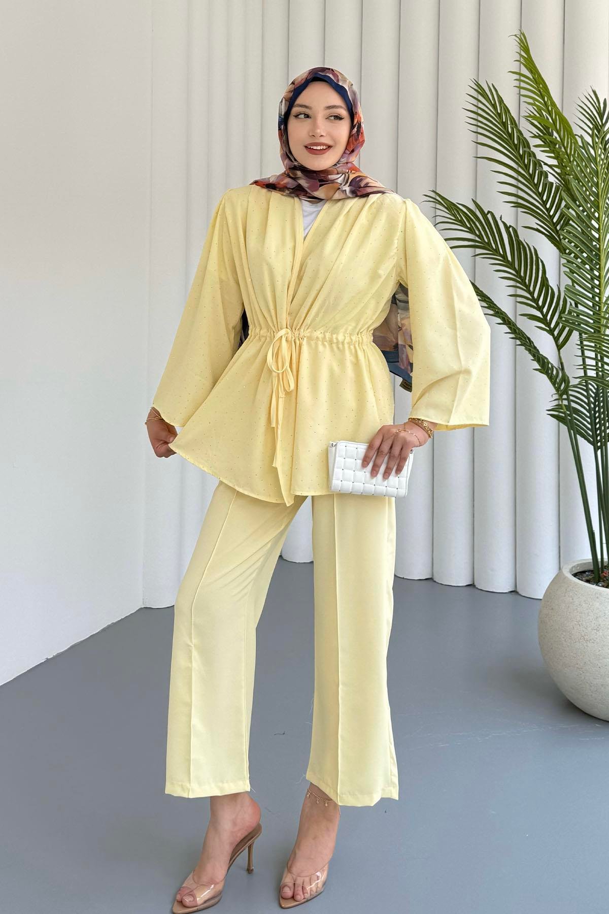 Belden Büzgülü Taş Serpmeli Kimono Pantolon Takım-SARI
