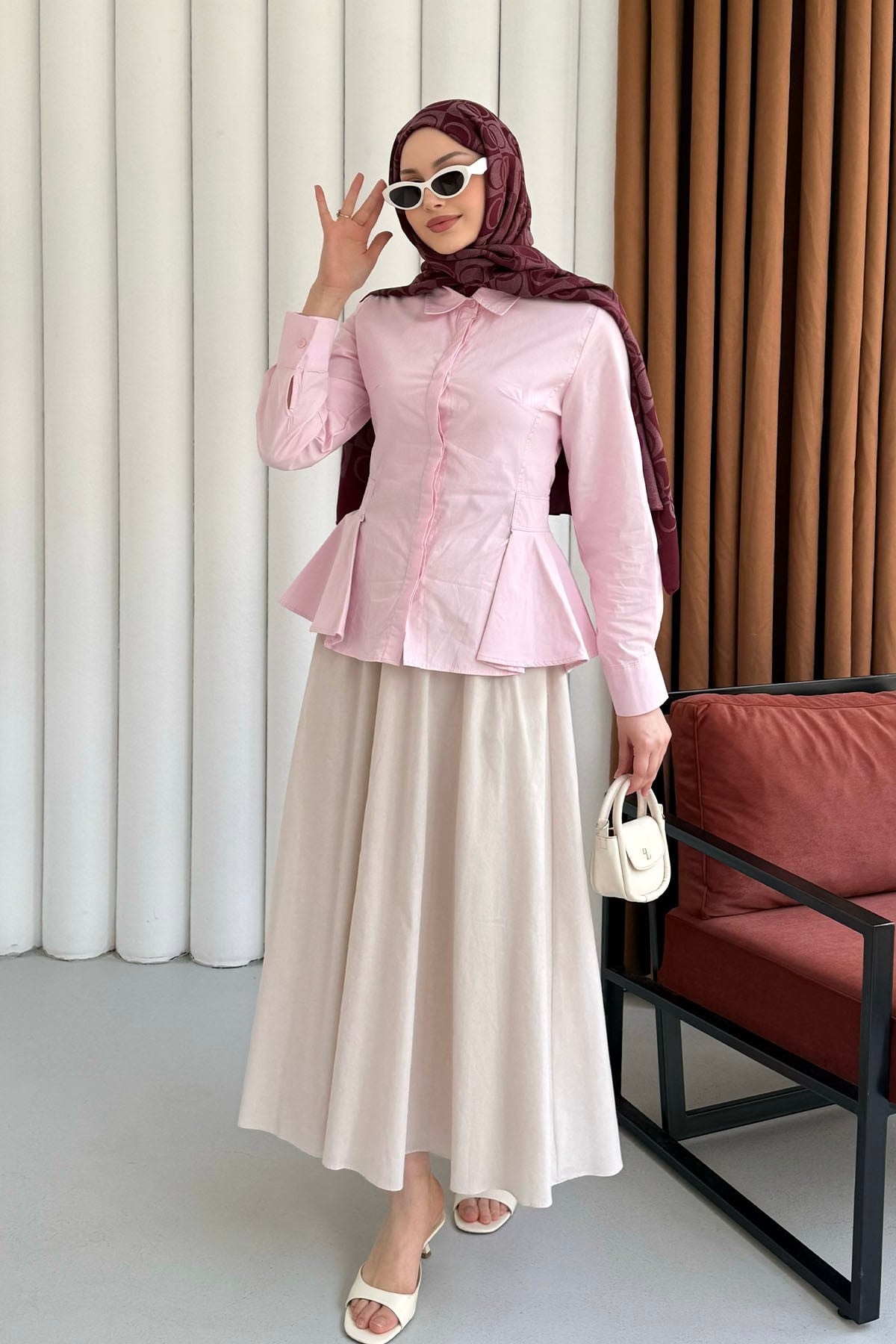 Belden Oturtmalı Düğmeli Gömlek-PEMBE