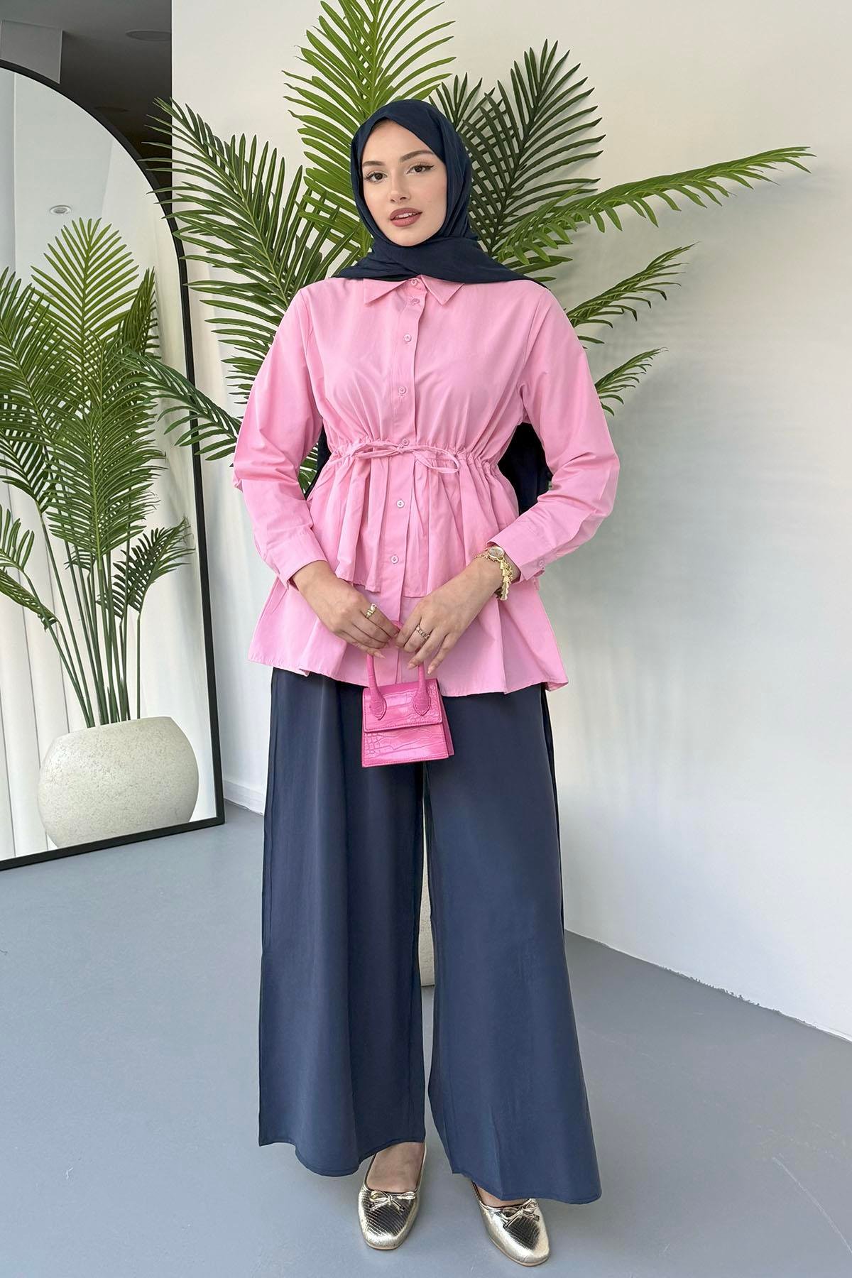 Beli Ayarlanabilir Katlı Tesettür Gömlek-PEMBE