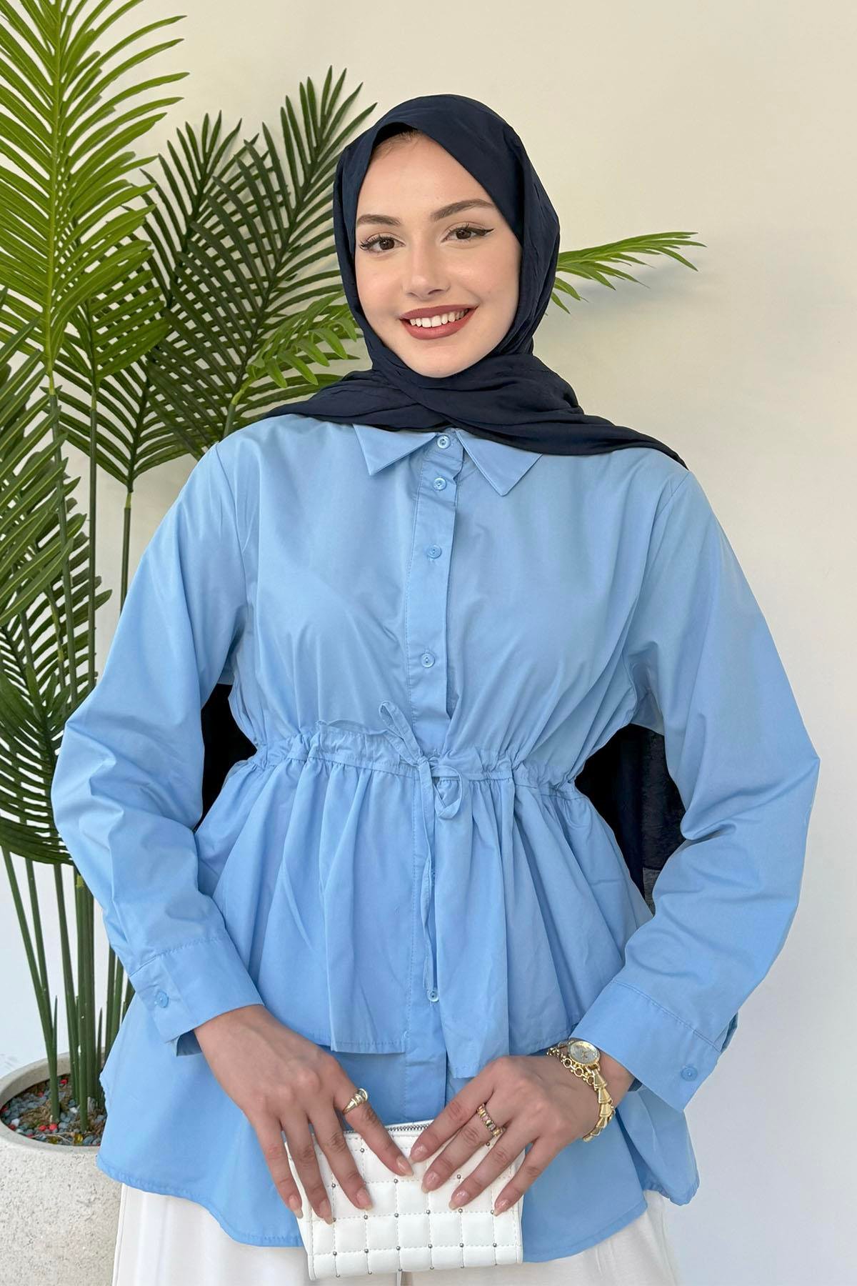 Beli Ayarlanabilir Katlı Tesettür Gömlek-MAVİ