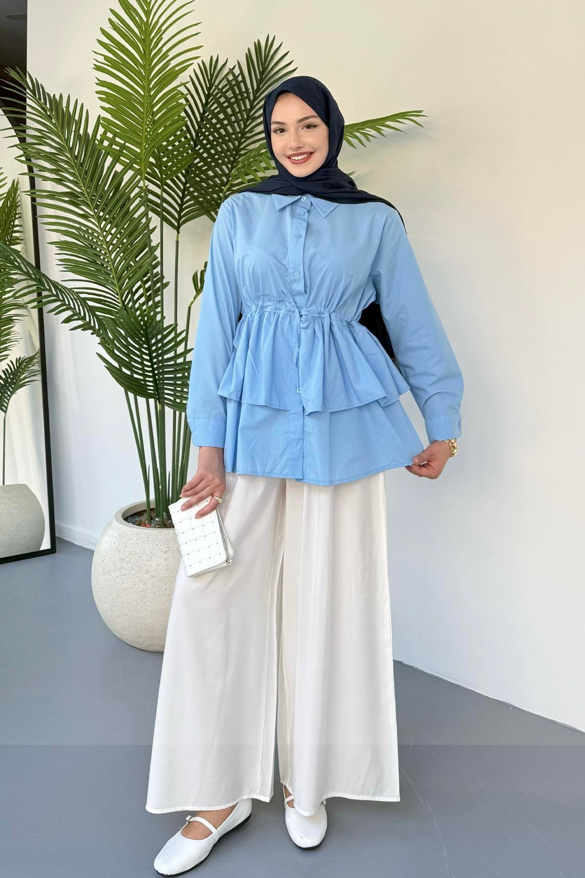 Beli Ayarlanabilir Katlı Tesettür Gömlek-MAVİ