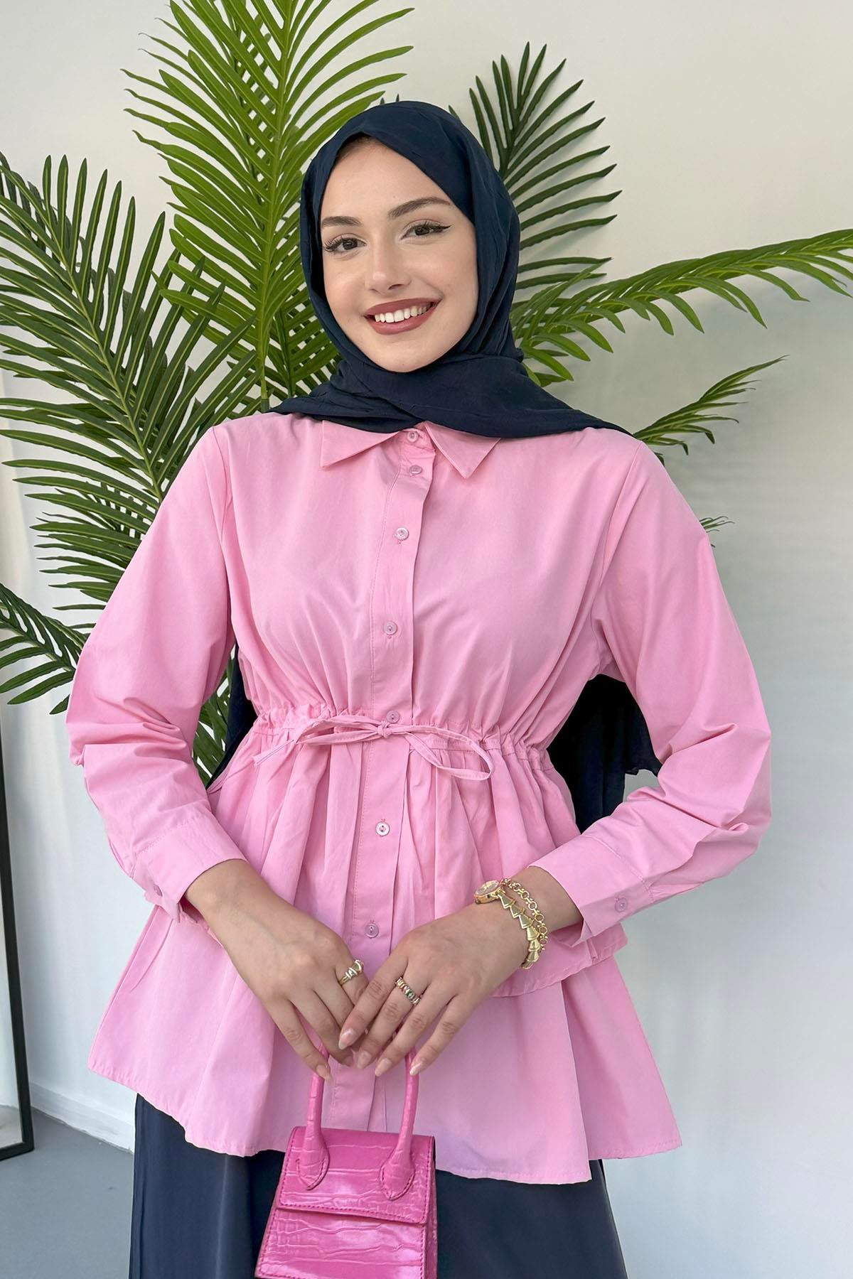 Beli Ayarlanabilir Katlı Tesettür Gömlek-PEMBE