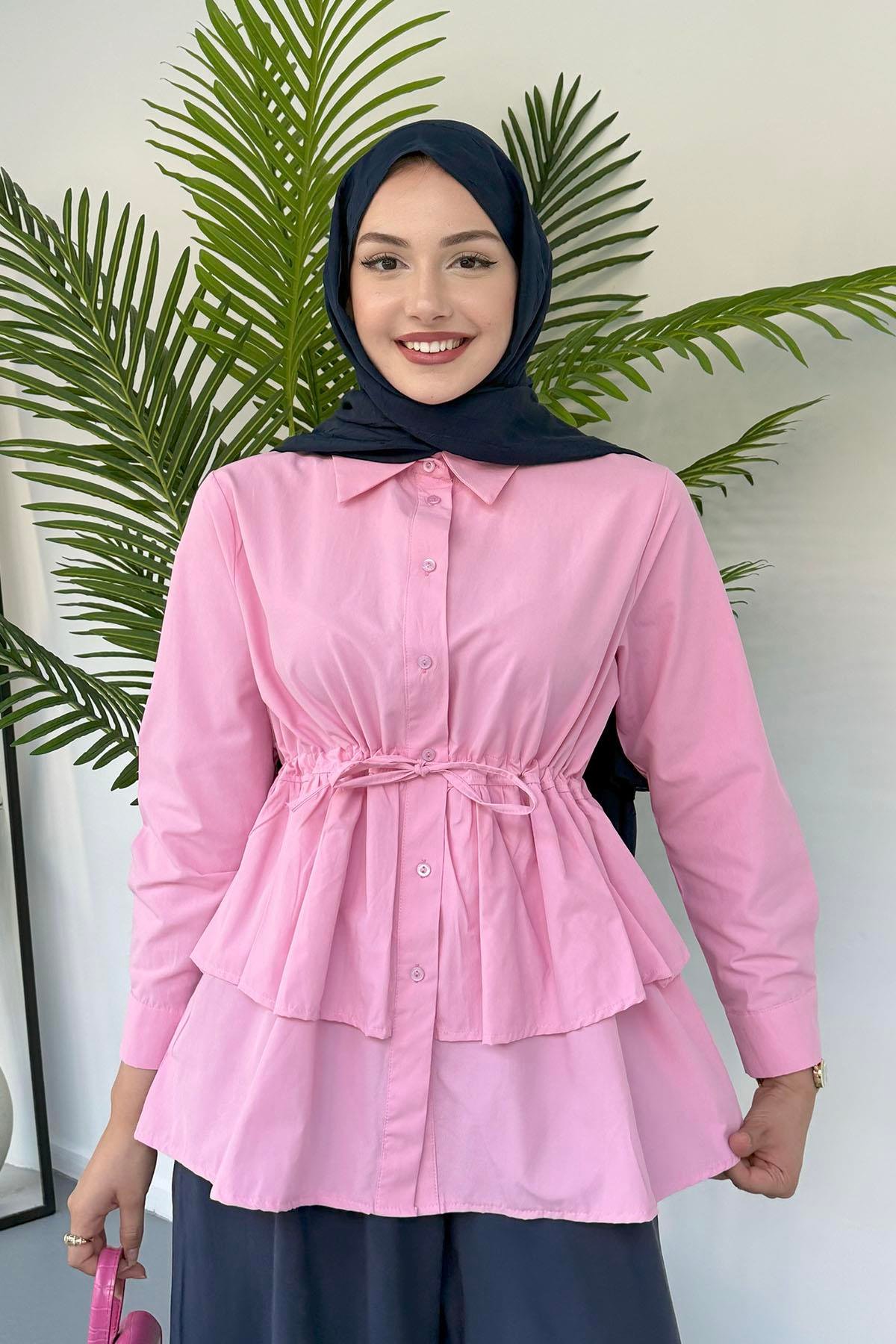 Beli Ayarlanabilir Katlı Tesettür Gömlek-PEMBE