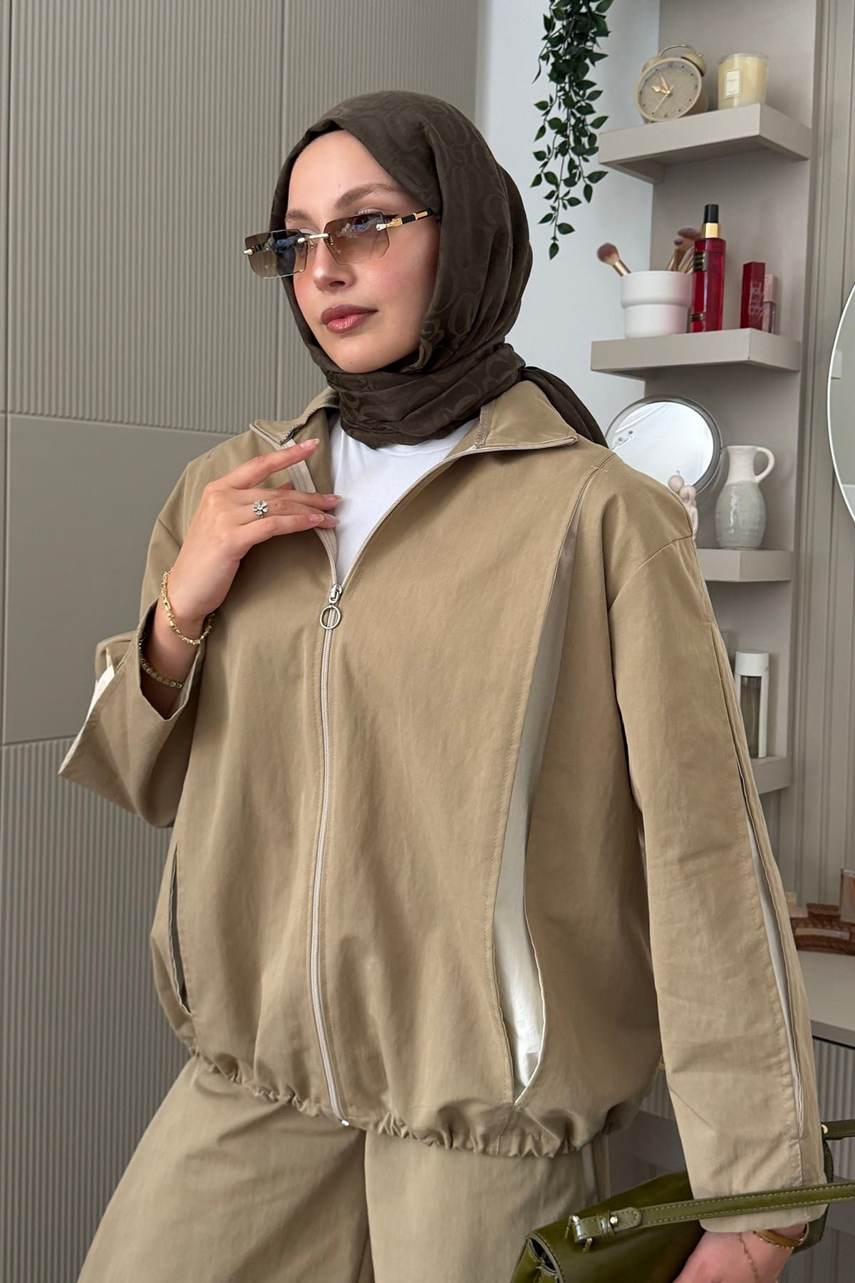 Beli Ayarlanabilir Renk Bloklu Geniş Paça Testetür Takım-HAKİ YEŞİL