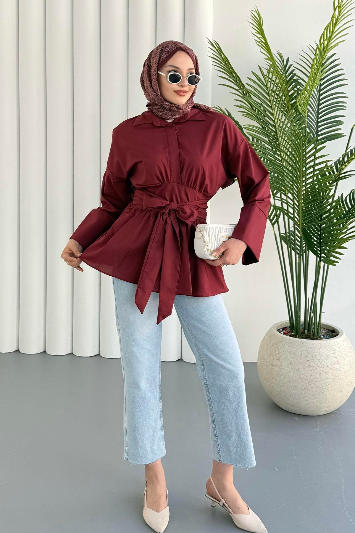 Beli Bağlamalı Tesettür Gömlek-BORDO