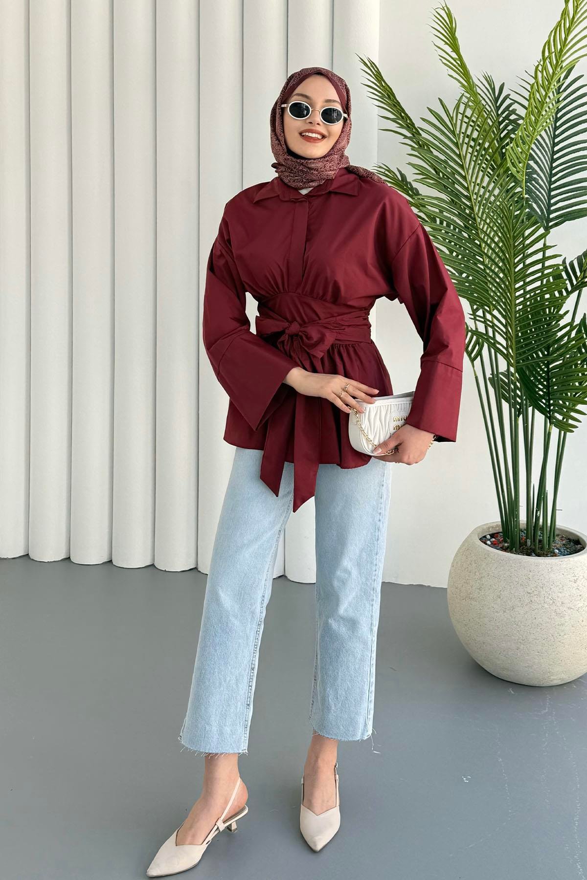 Beli Bağlamalı Tesettür Gömlek-BORDO