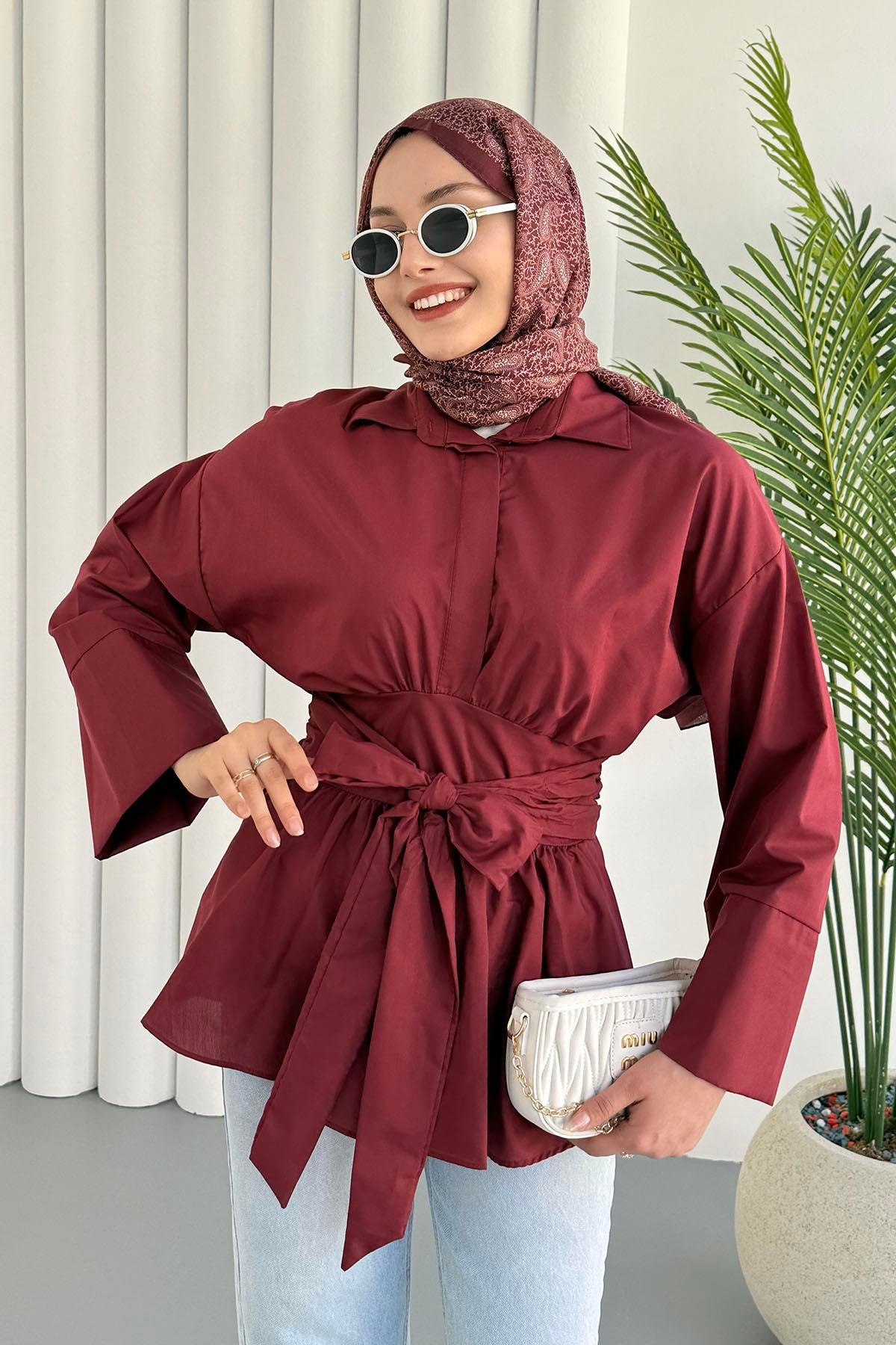 Beli Bağlamalı Tesettür Gömlek-BORDO