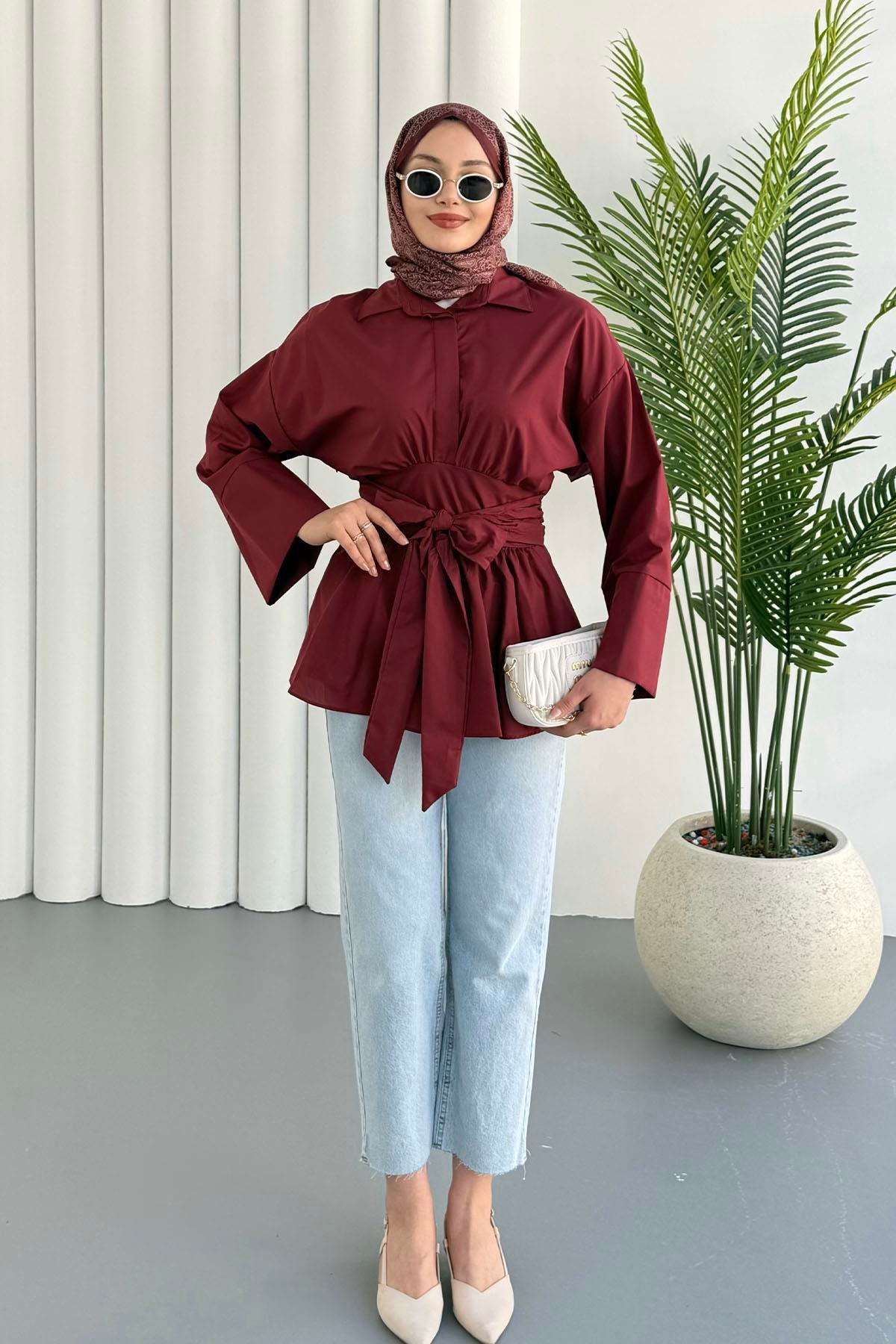 Beli Bağlamalı Tesettür Gömlek-BORDO