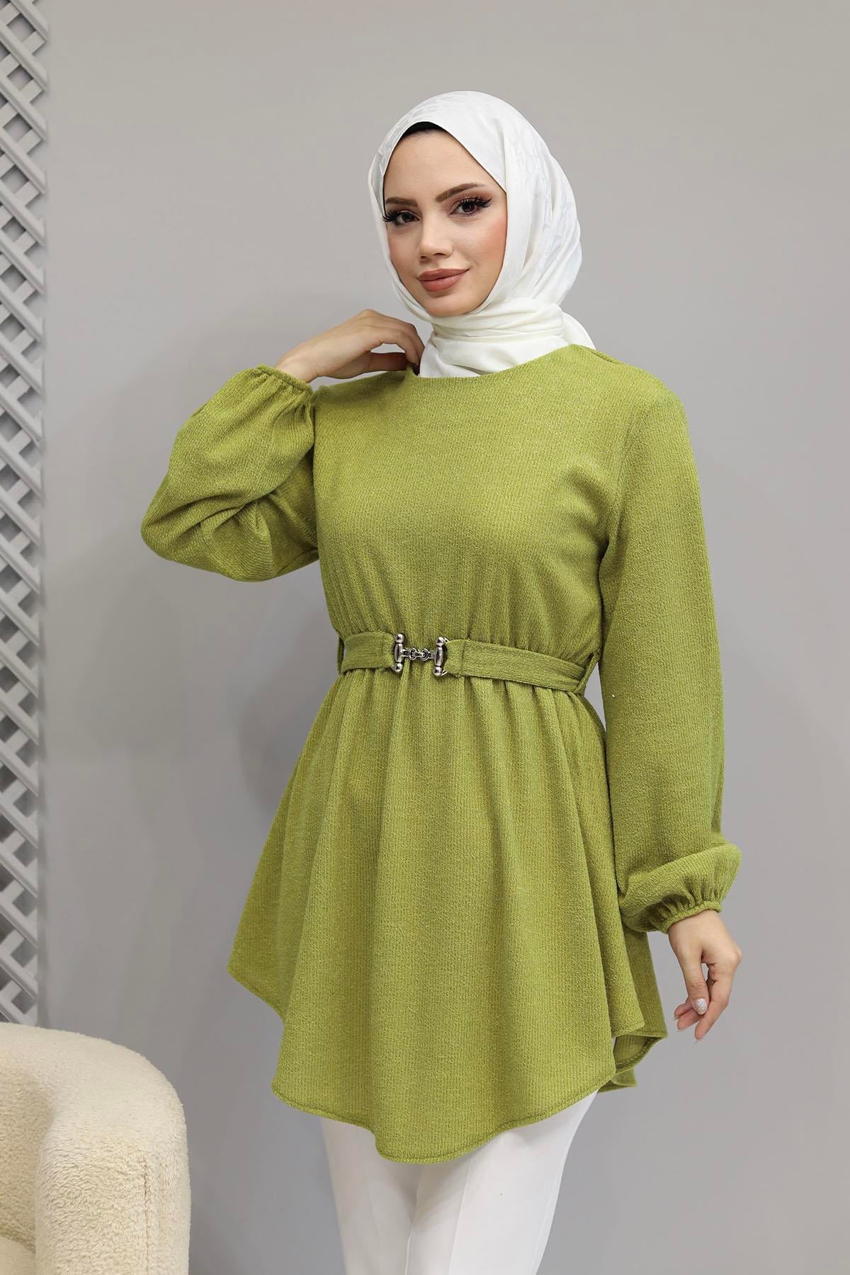 Beli Büzğülü Seyyar Kuşaklı Örme Tunik-OLİVE