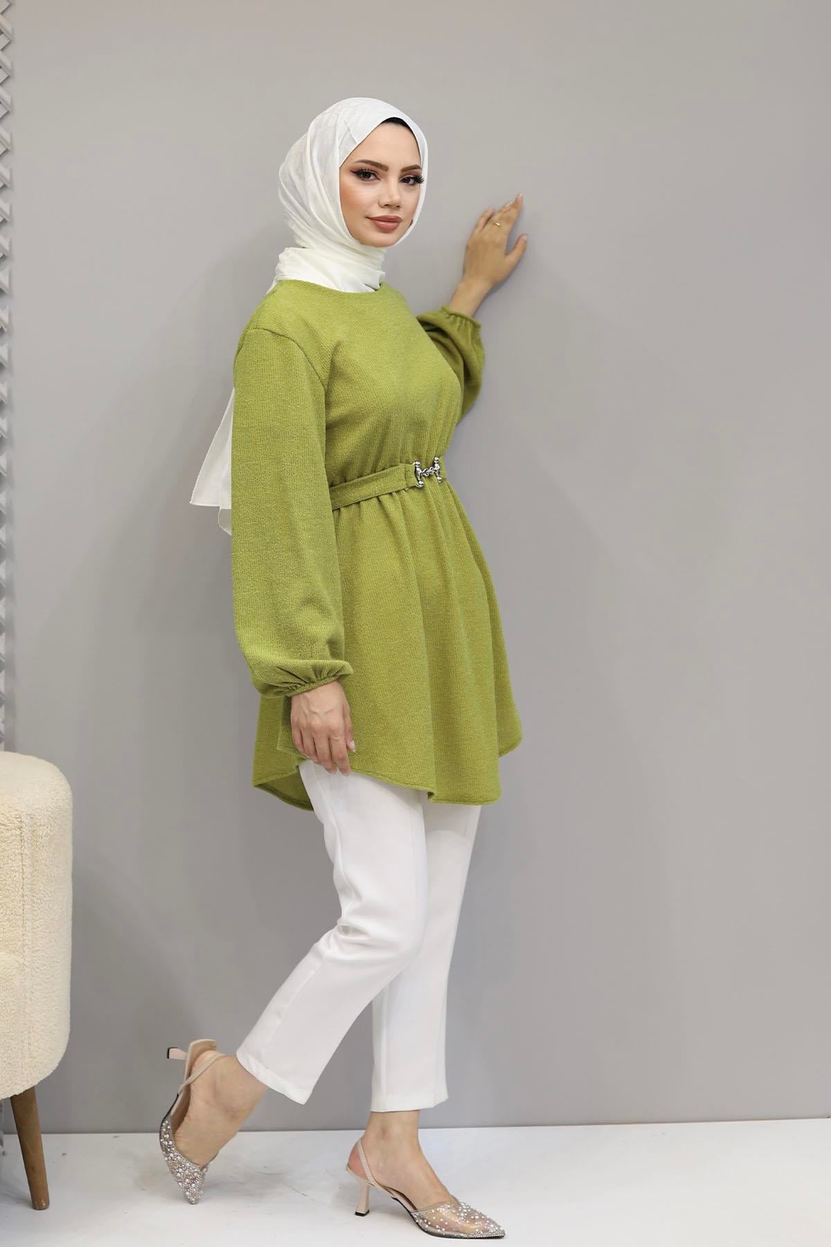 Beli Büzğülü Seyyar Kuşaklı Örme Tunik-OLİVE