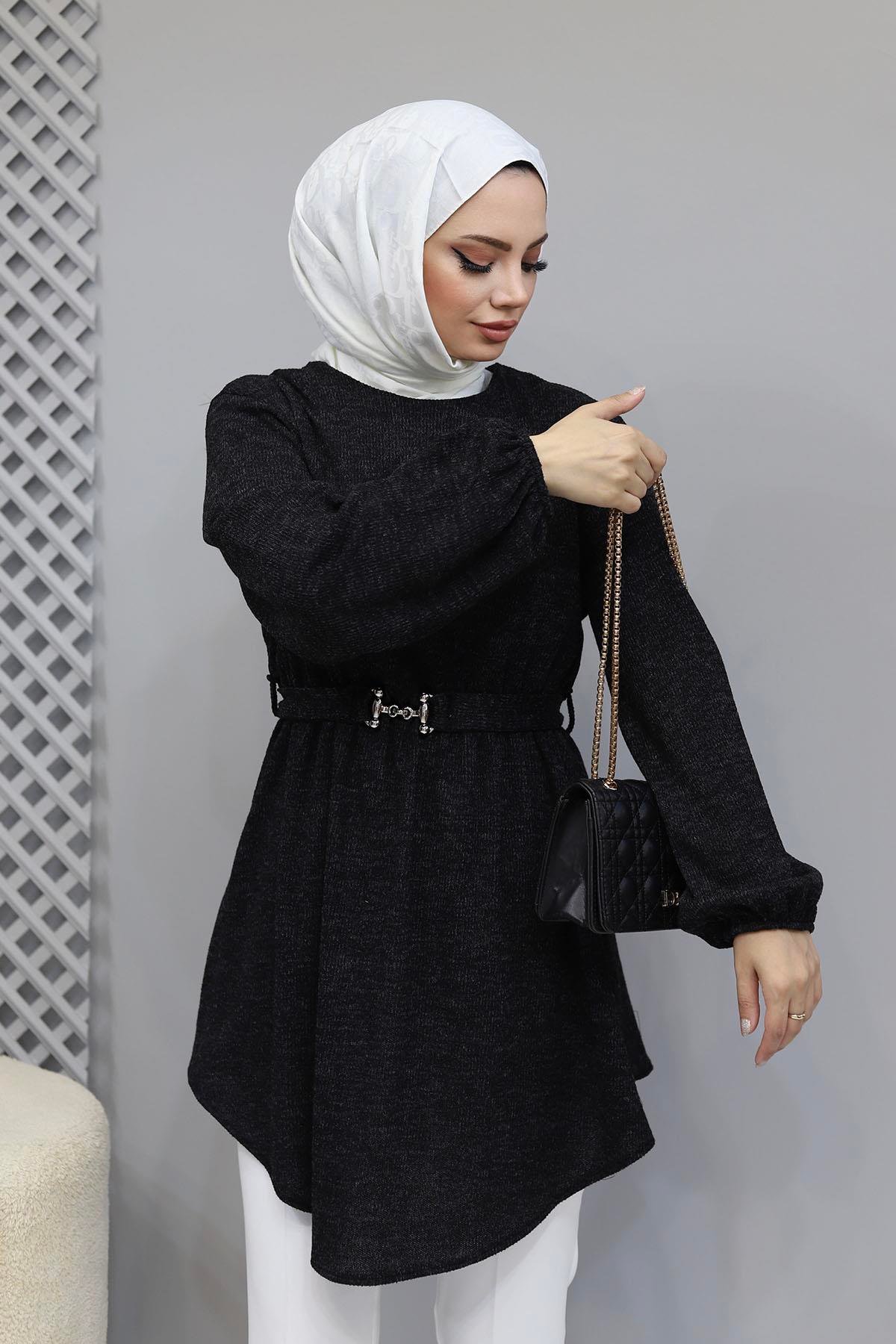 Beli Büzğülü Seyyar Kuşaklı Örme Tunik-SİYAH