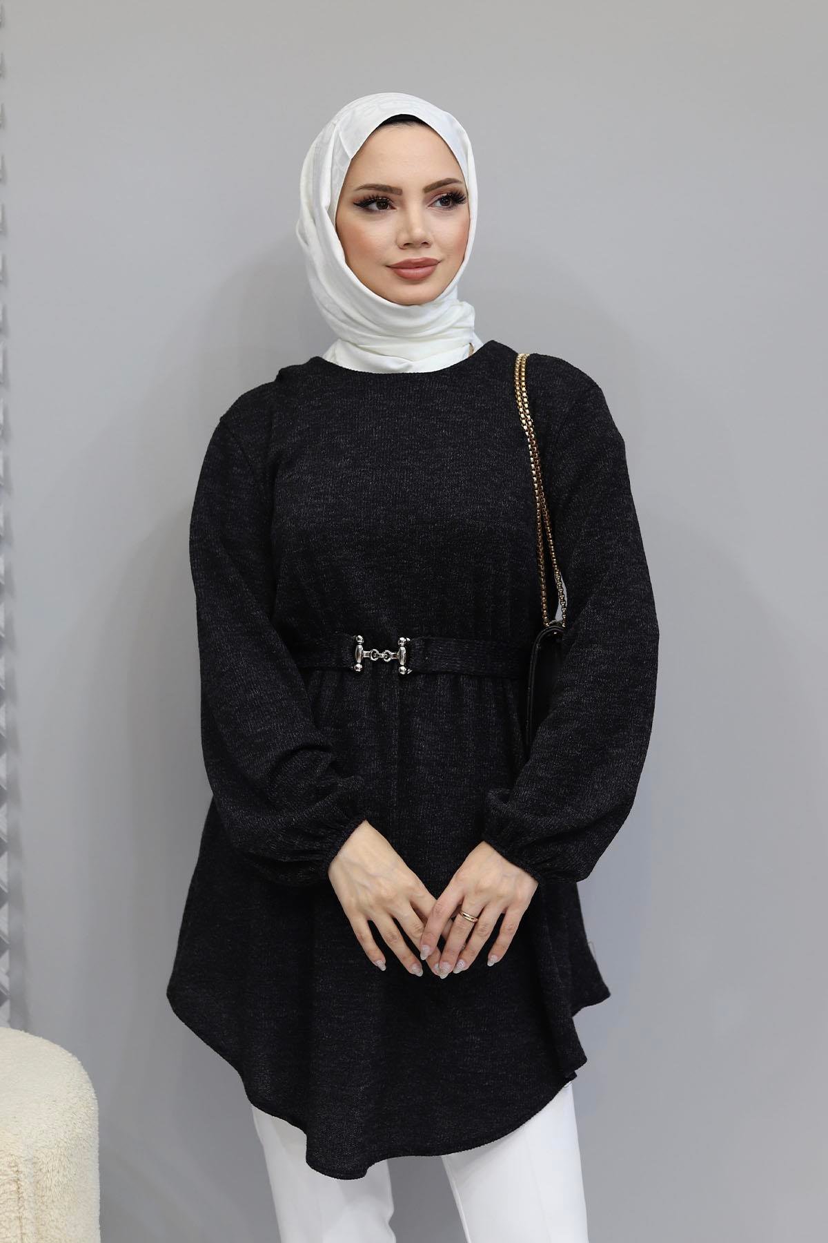 Beli Büzğülü Seyyar Kuşaklı Örme Tunik-SİYAH