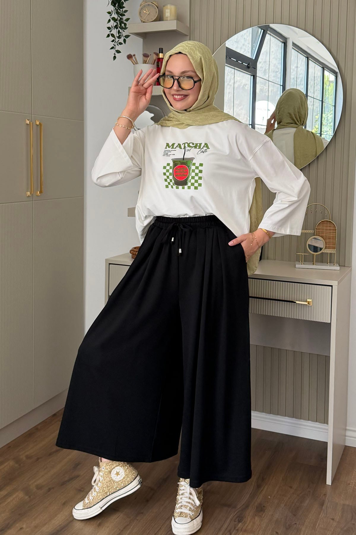 Beli İpli Lastikli Bol Paça Etek Pantolon-SİYAH