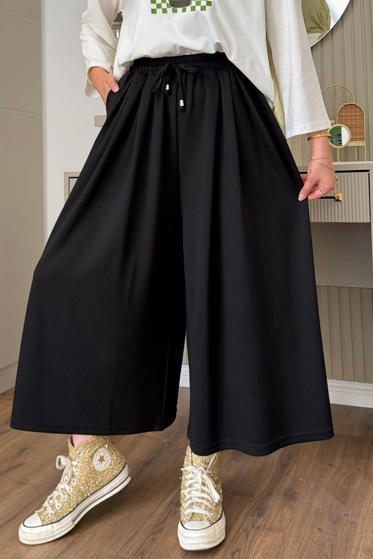 Beli İpli Lastikli Bol Paça Etek Pantolon-SİYAH