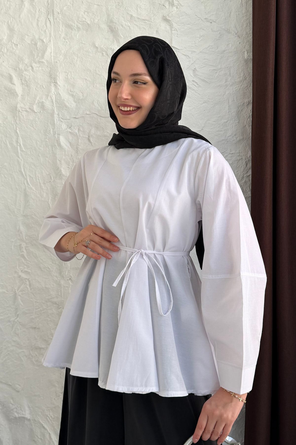 Beli Kuşaklı Volan Etek Uçlu Tesettür Tunik-BEYAZ