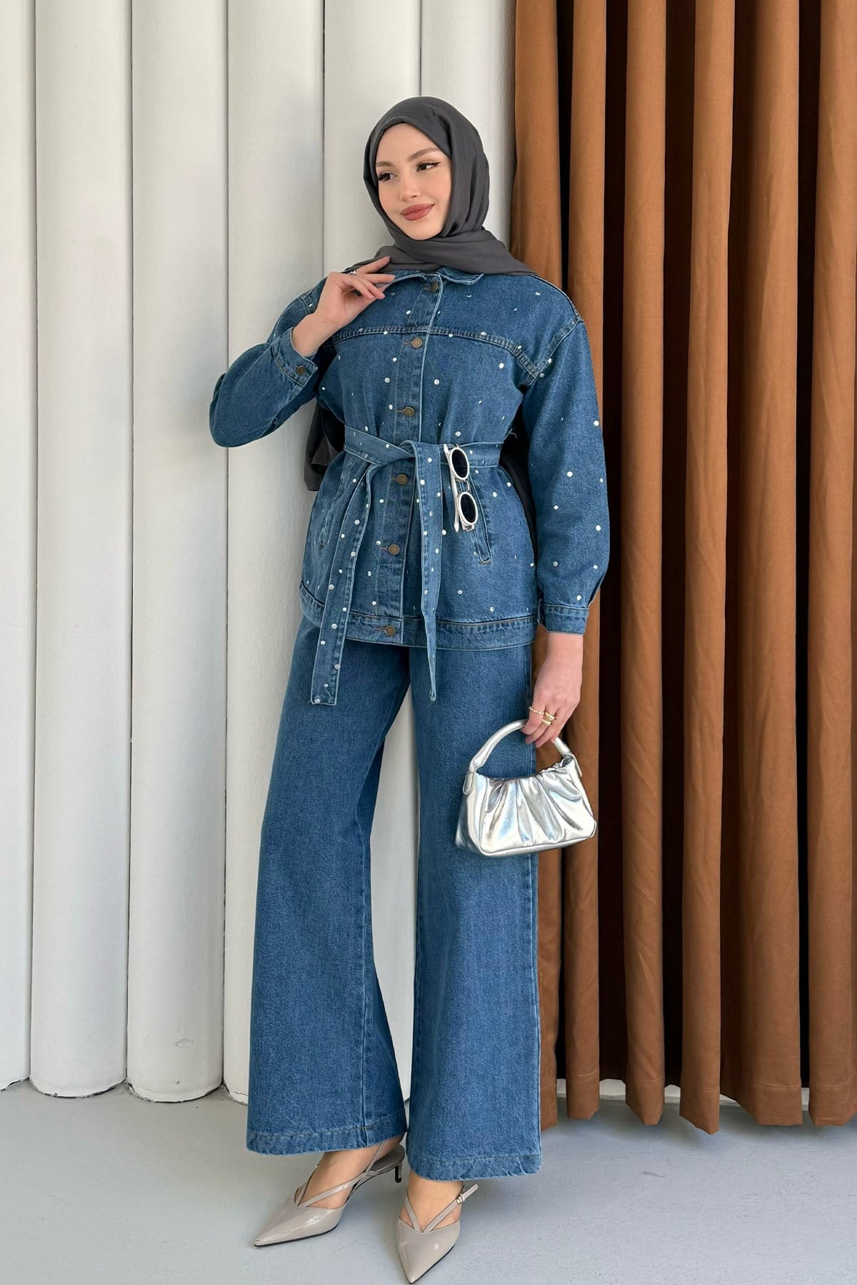 Beli Kuşaklı Zımba Çakım Denim Tesettür Takım-AÇIK MAVİ