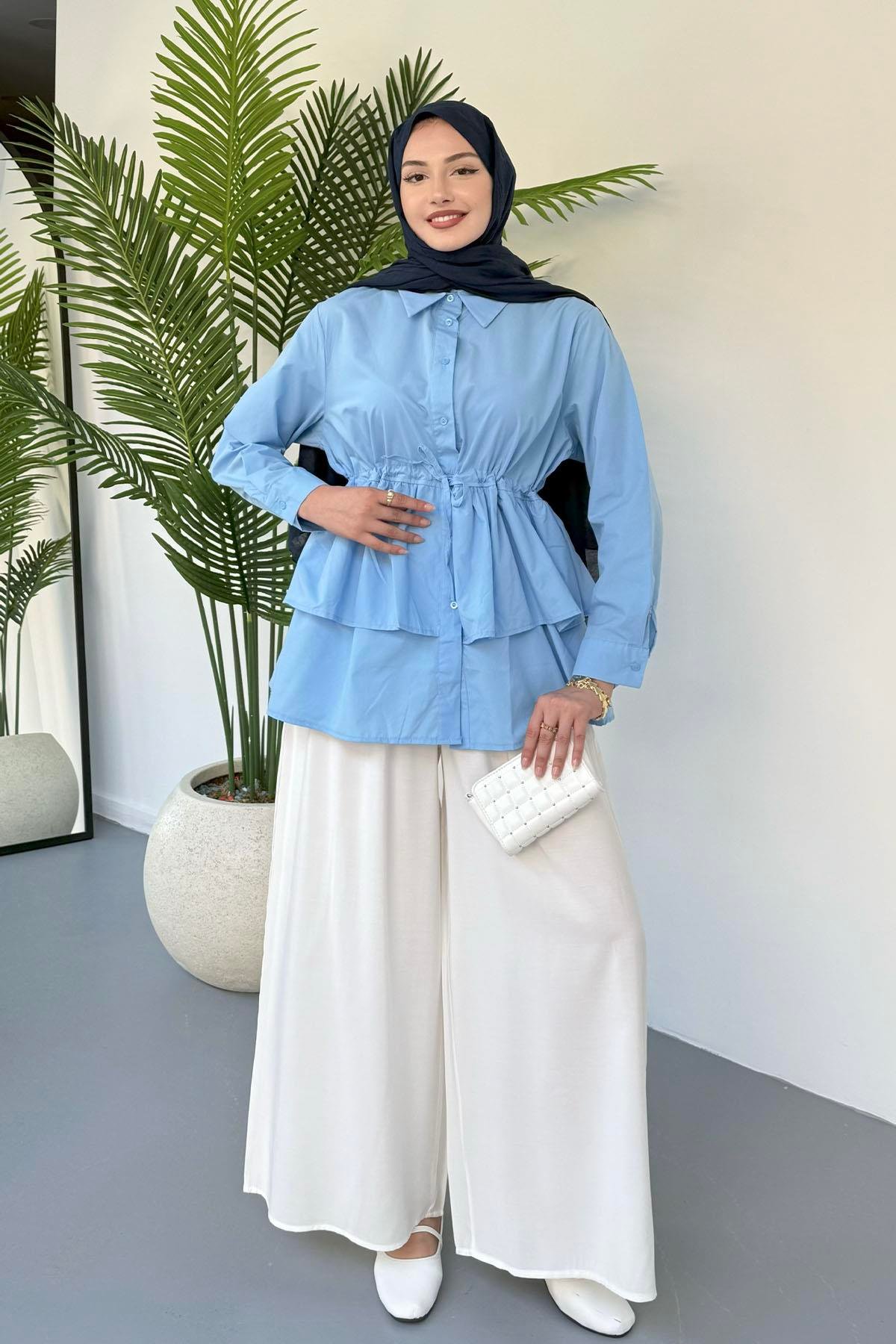 Beli Lastikli Ayarlanabilir Bol Paça Pantolon-BEYAZ