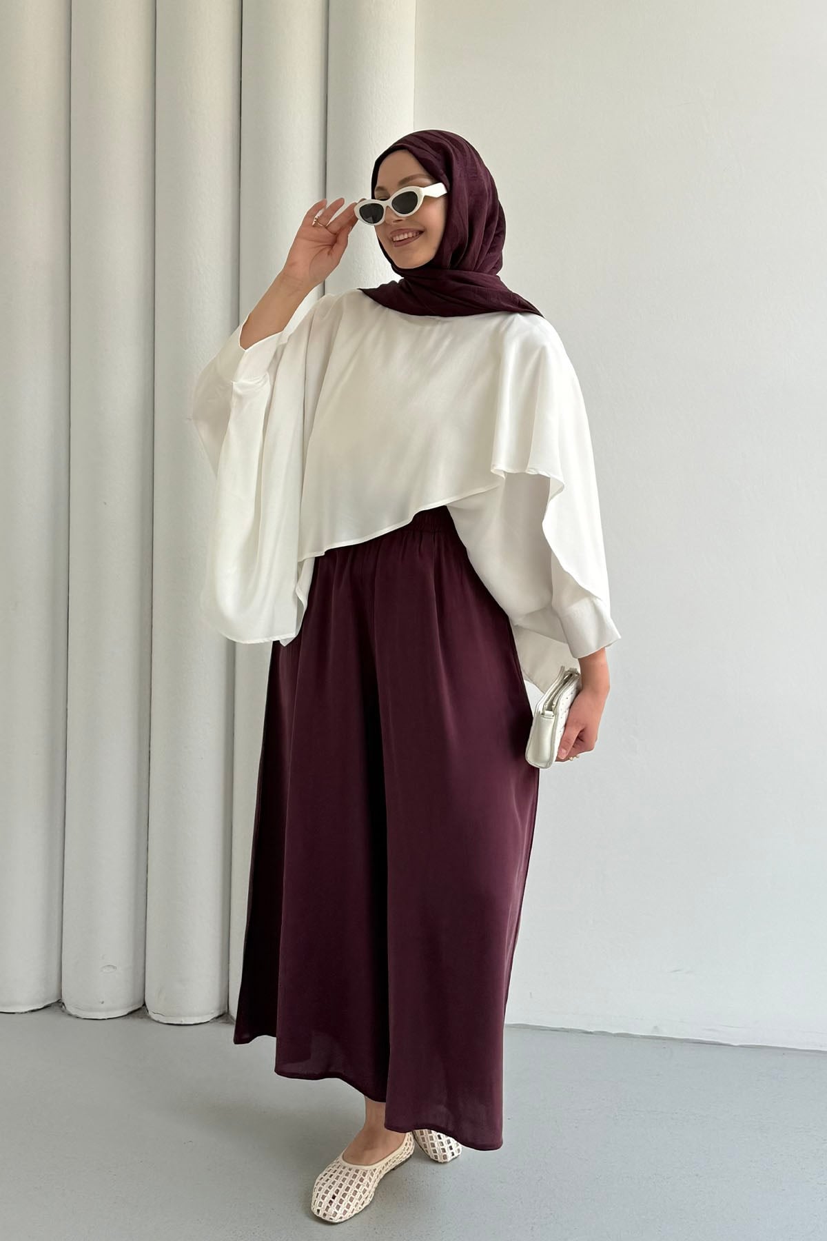 Beli Lastikli Bol Paça Pantolon-BORDO