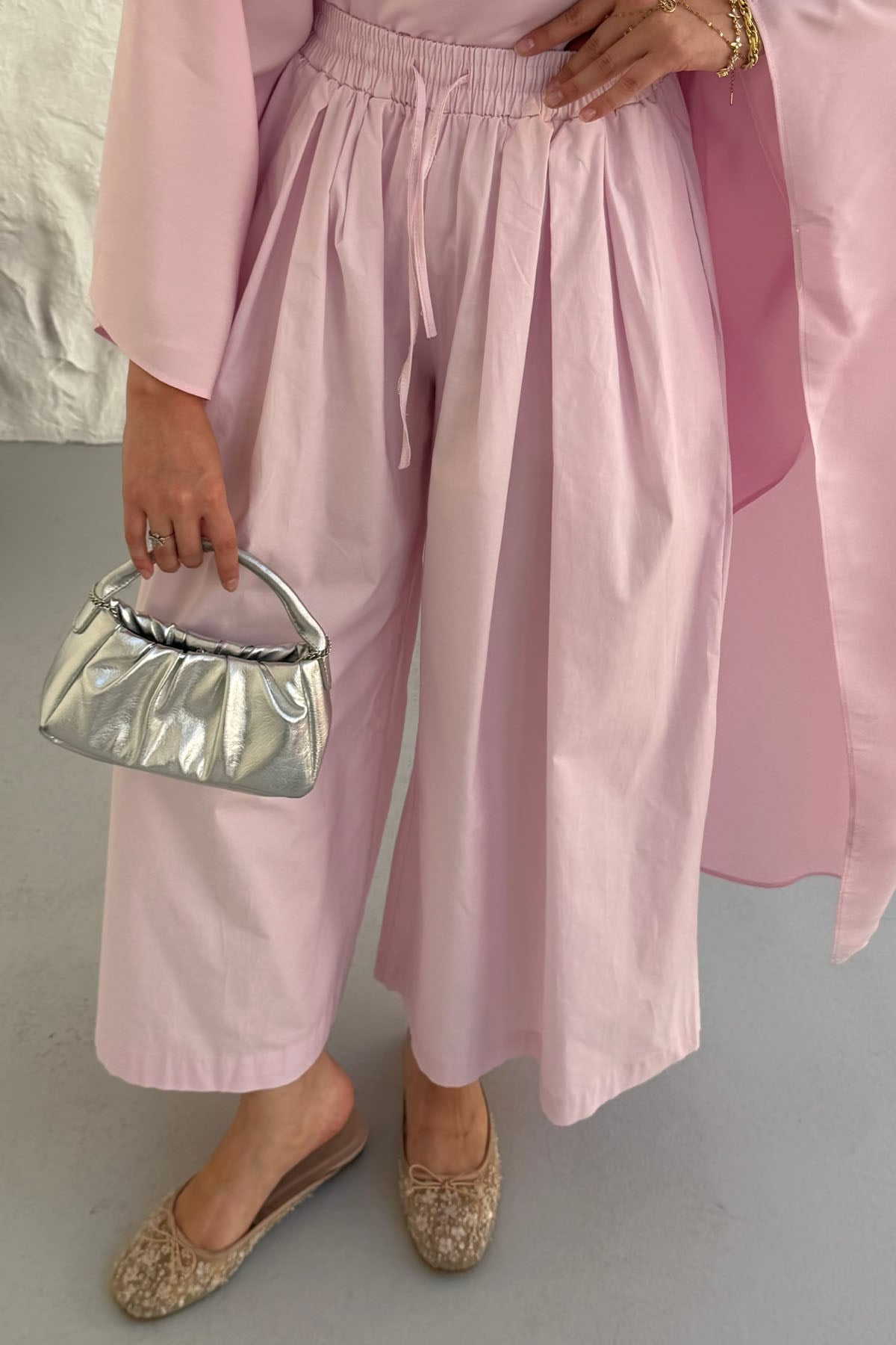 Beli Lastikli Cepli Bol Paça Pantolon-PEMBE