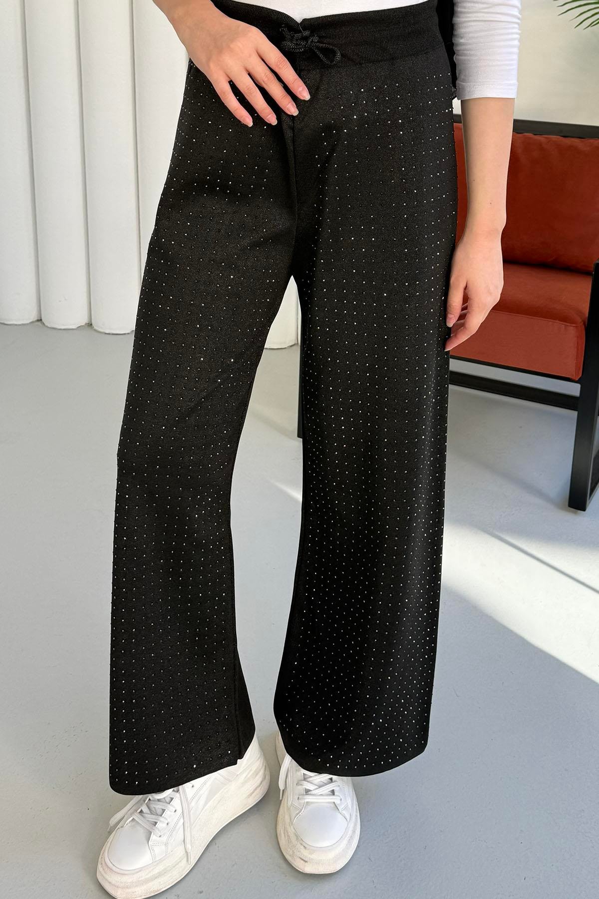 Beli Lastikli Ön Taşlı Triko Pantolon-SİYAH