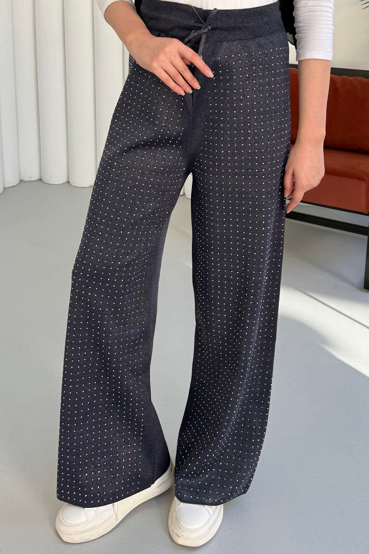 Beli Lastikli Ön Taşlı Triko Pantolon-LACİVERT