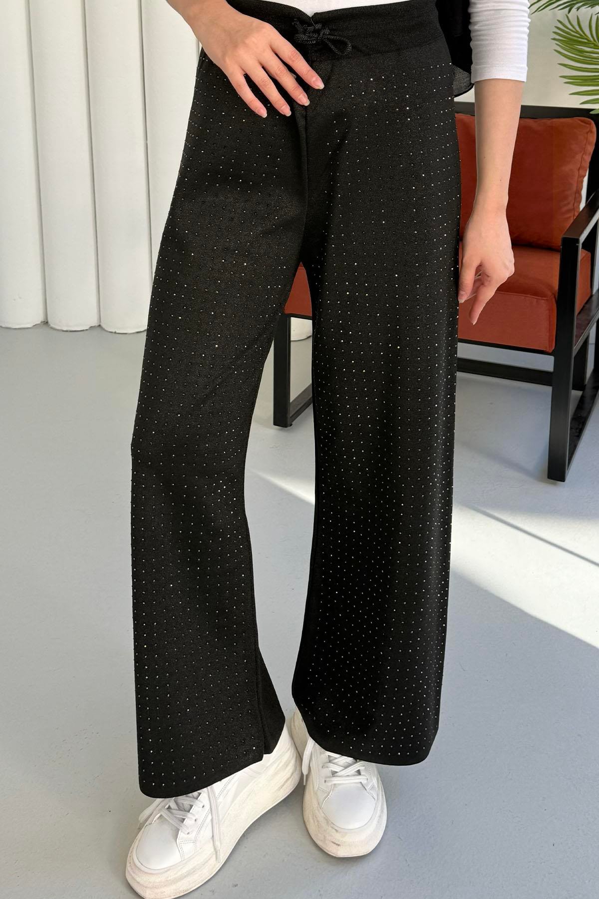 Beli Lastikli Ön Taşlı Triko Pantolon-SİYAH