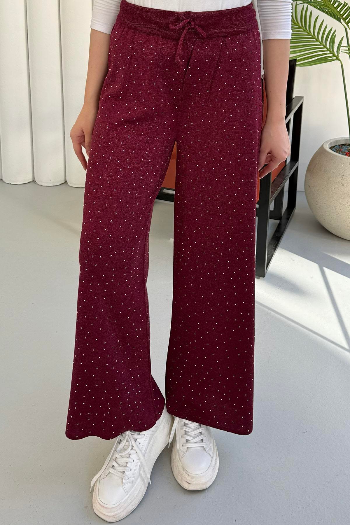 Beli Lastikli Taşlı Triko Pantolon-BORDO