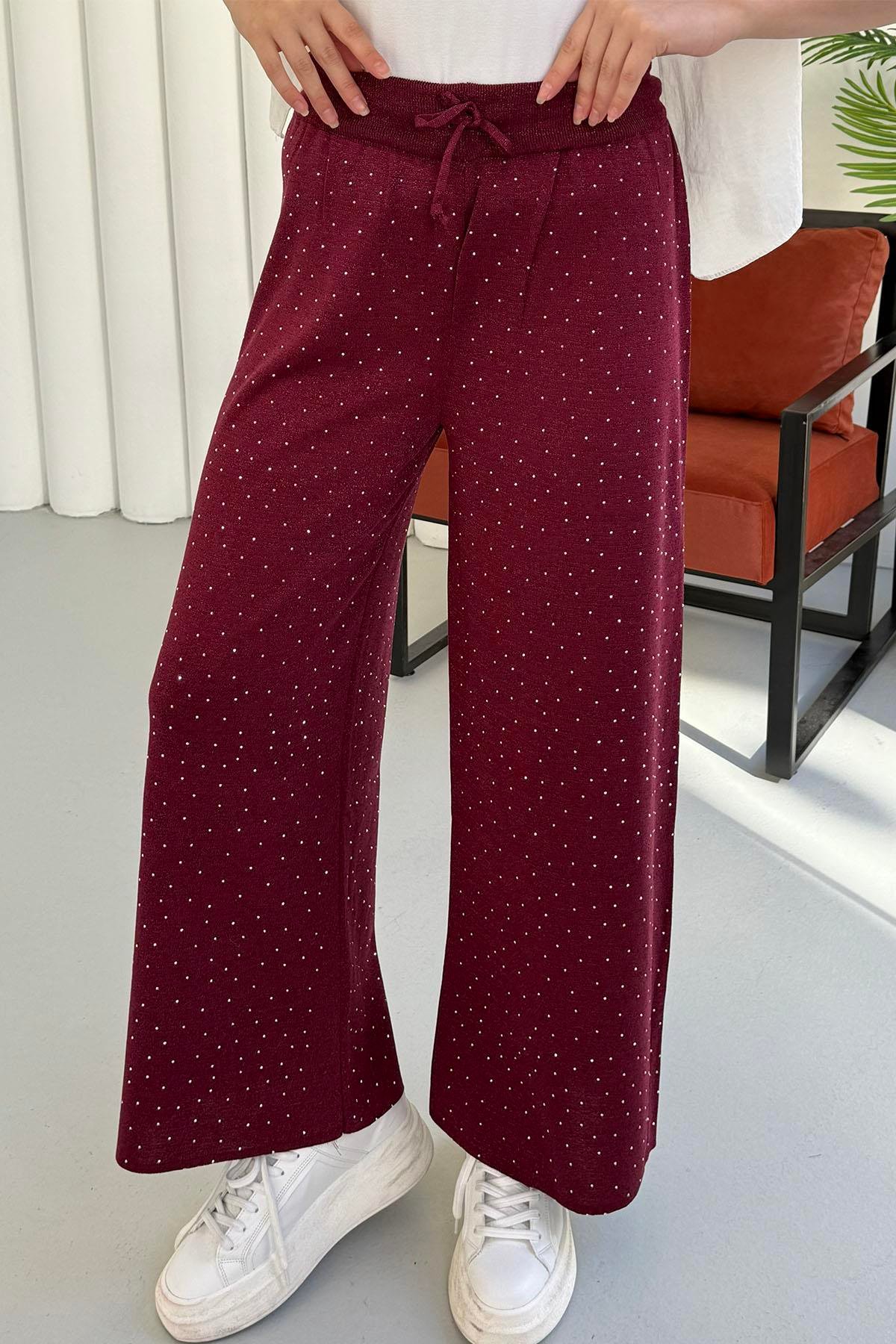 Beli Lastikli Taşlı Triko Pantolon-BORDO