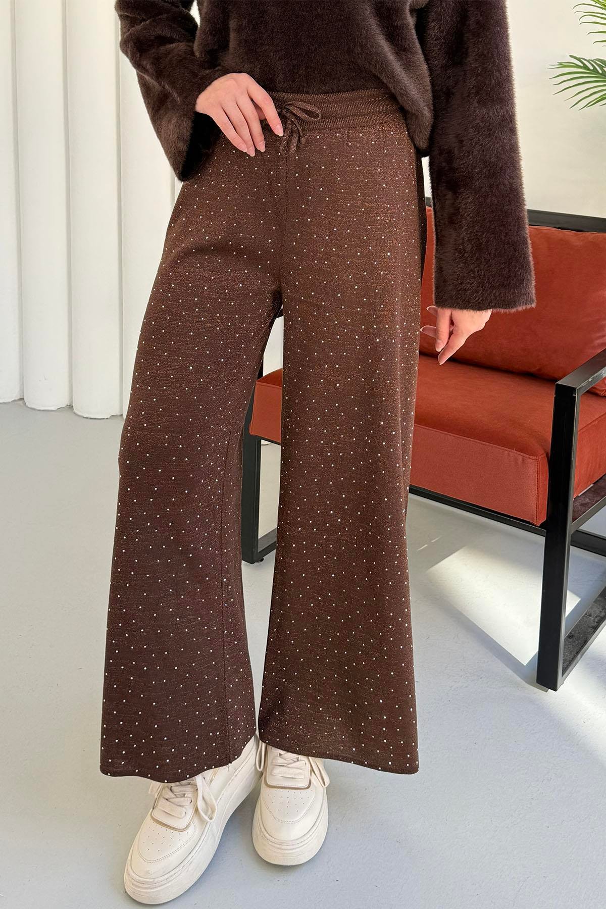 Beli Lastikli Taşlı Triko Pantolon-KAHVERENGİ