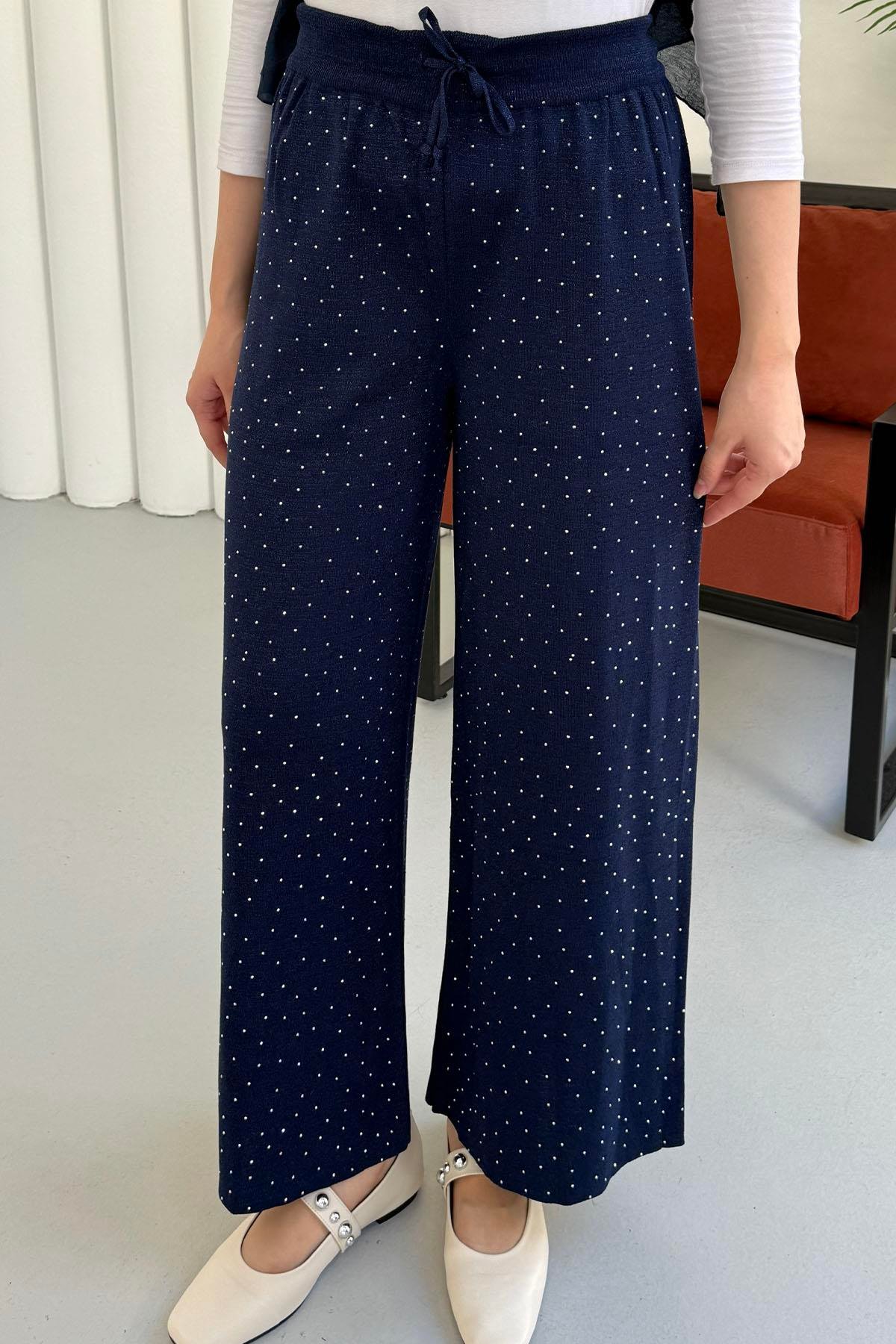 Beli Lastikli Taşlı Triko Pantolon-LACİVERT