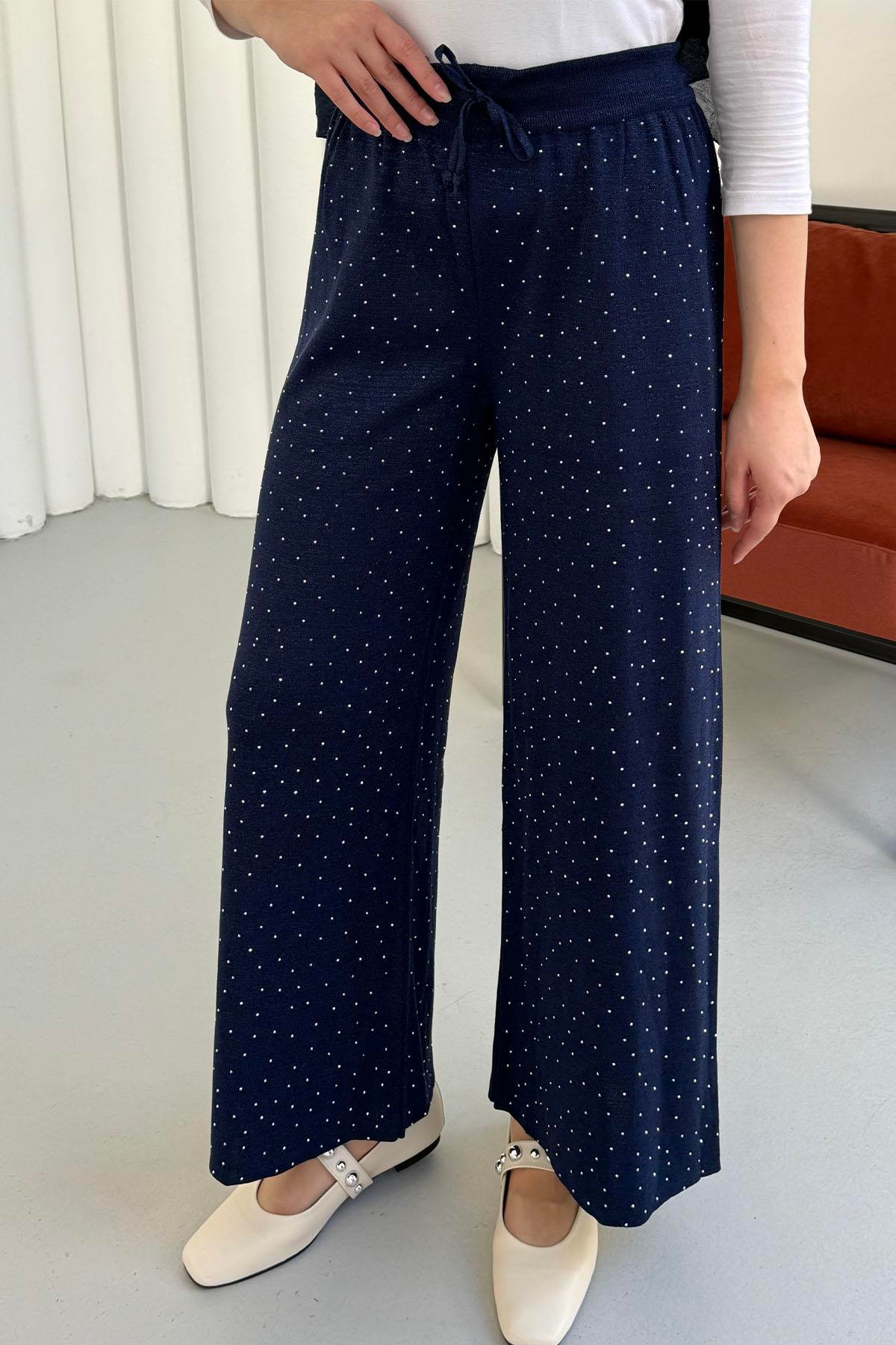 Beli Lastikli Taşlı Triko Pantolon-LACİVERT