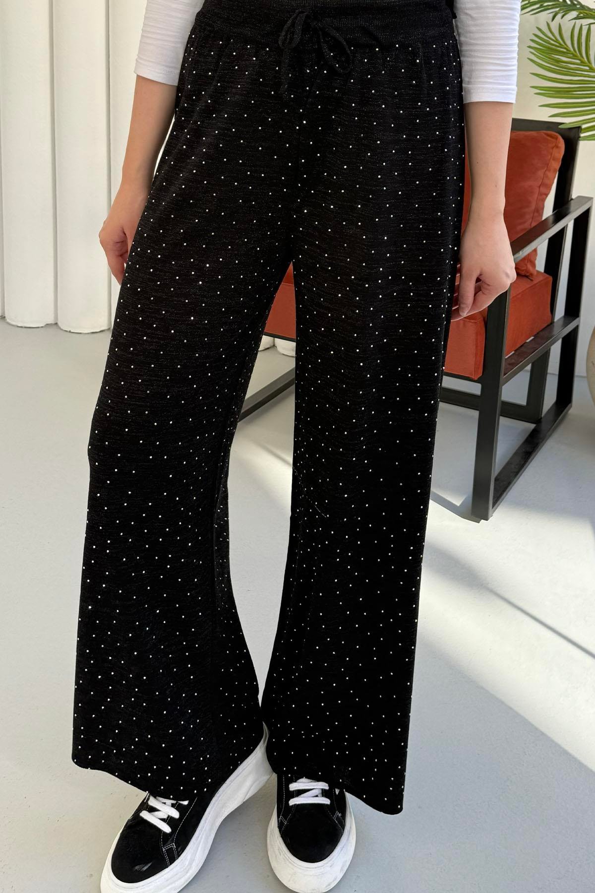 Beli Lastikli Taşlı Triko Pantolon-SİYAH