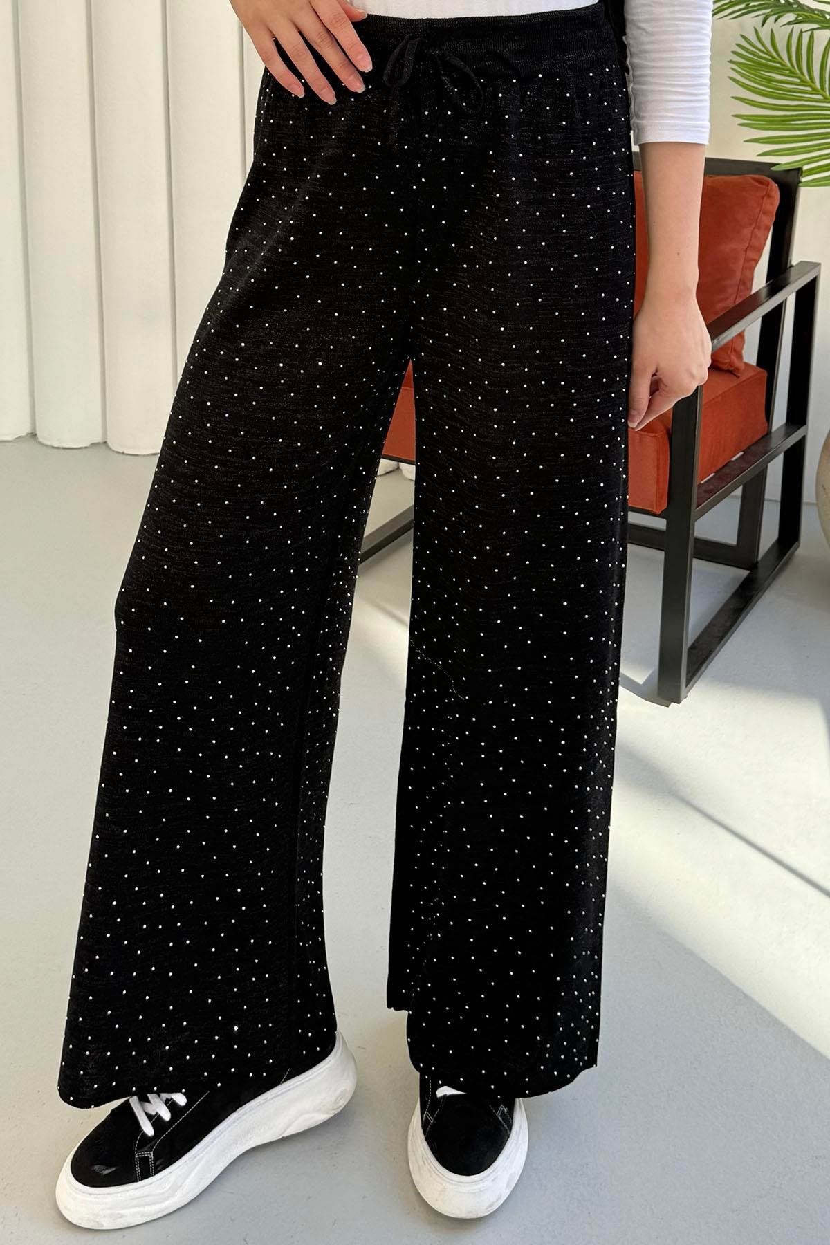 Beli Lastikli Taşlı Triko Pantolon-SİYAH