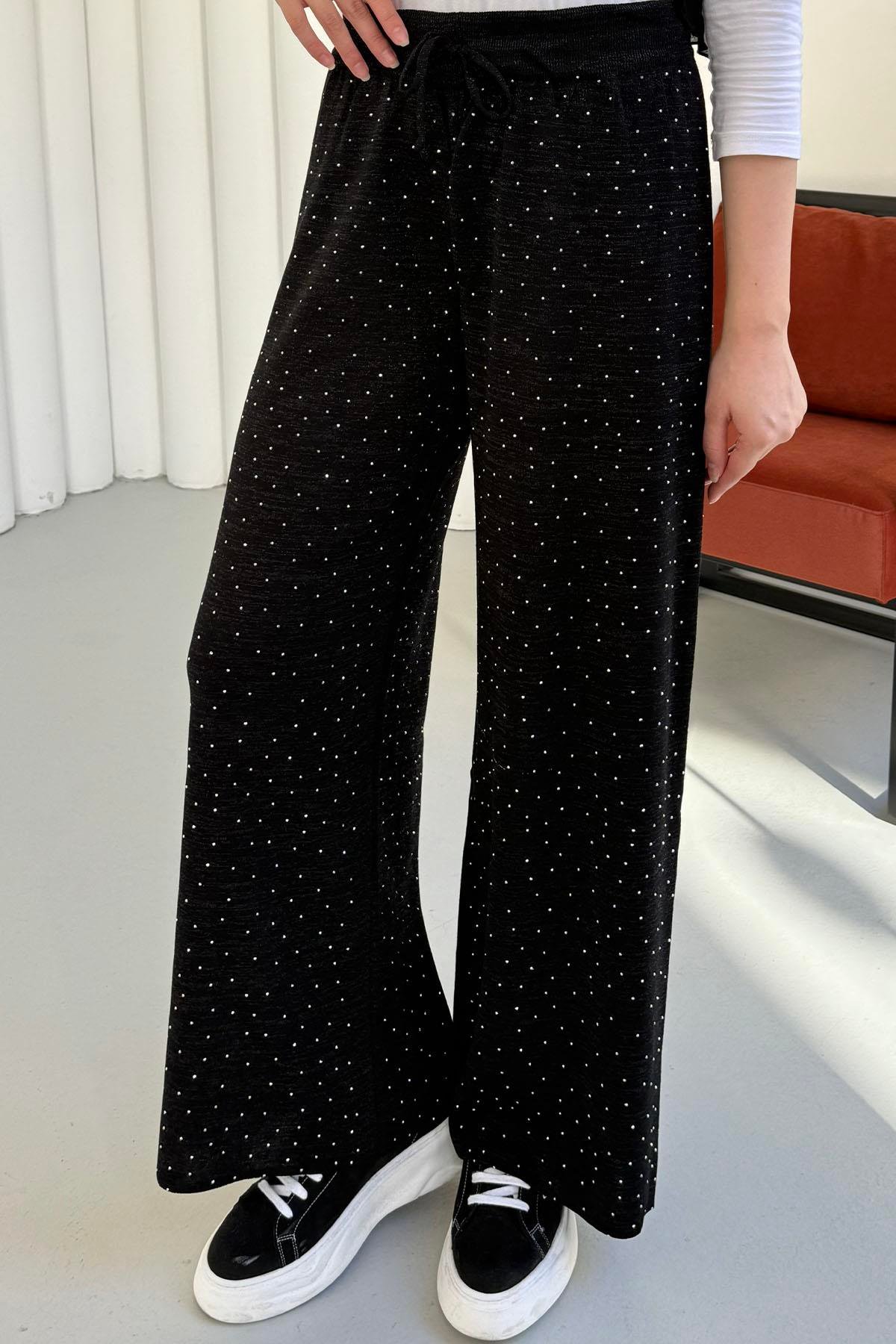 Beli Lastikli Taşlı Triko Pantolon-SİYAH
