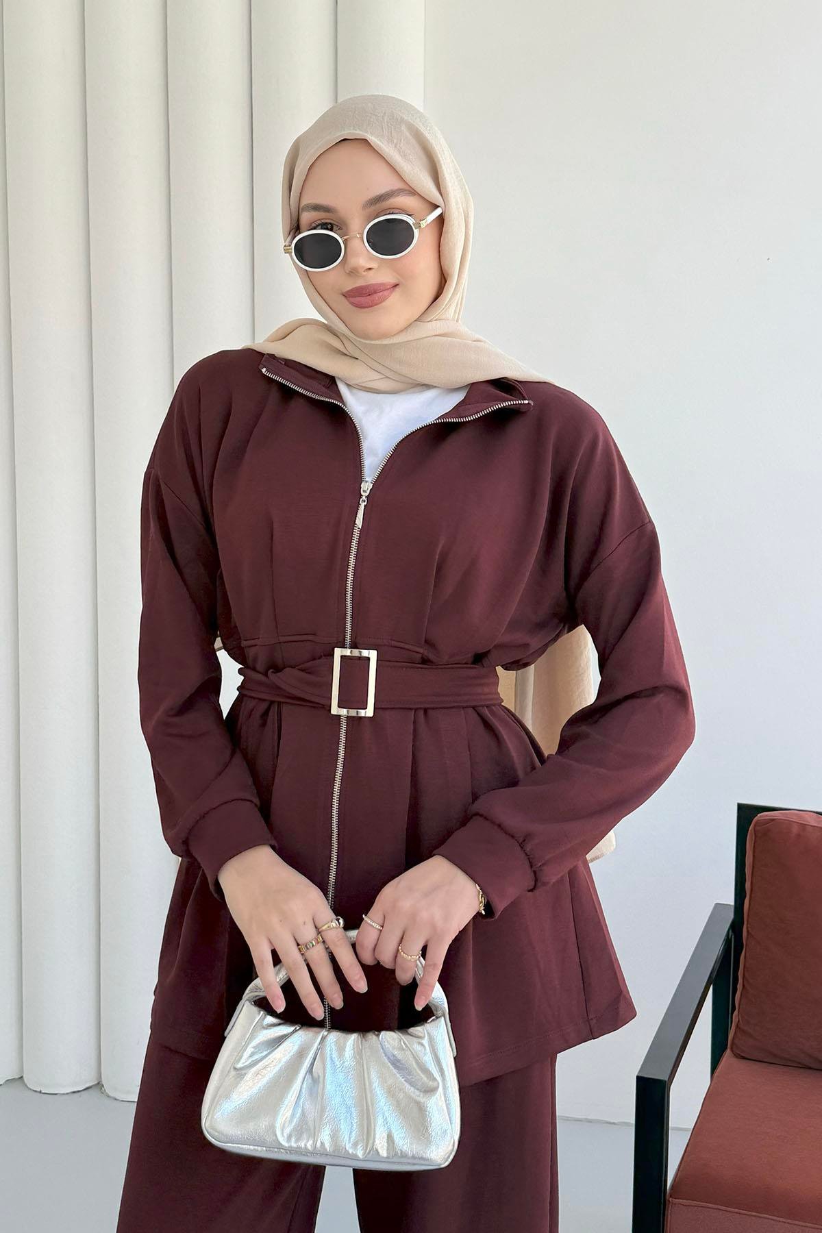 Beli Pileli Fermuarlı Oysho Kumaş Tesettür Takım-BORDO