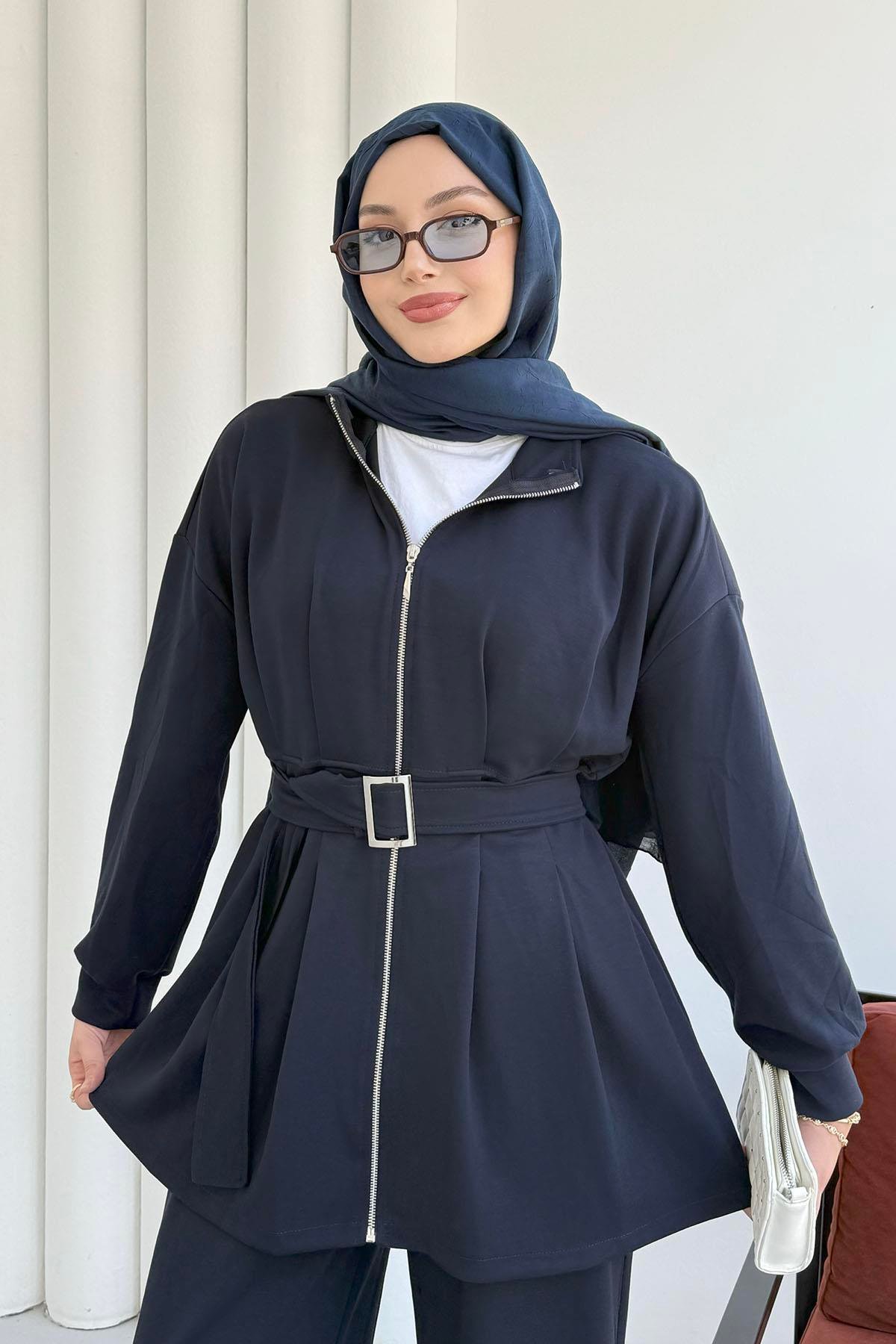Beli Pileli Fermuarlı Oysho Kumaş Tesettür Takım-LACİVERT