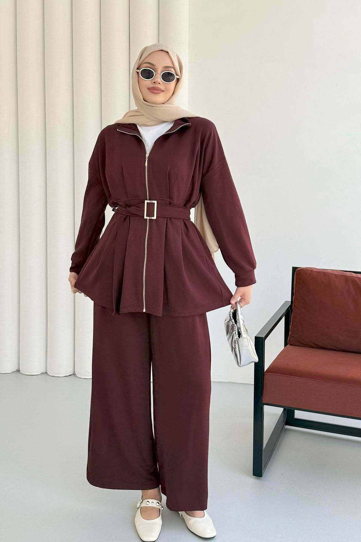 Beli Pileli Fermuarlı Oysho Kumaş Tesettür Takım-BORDO