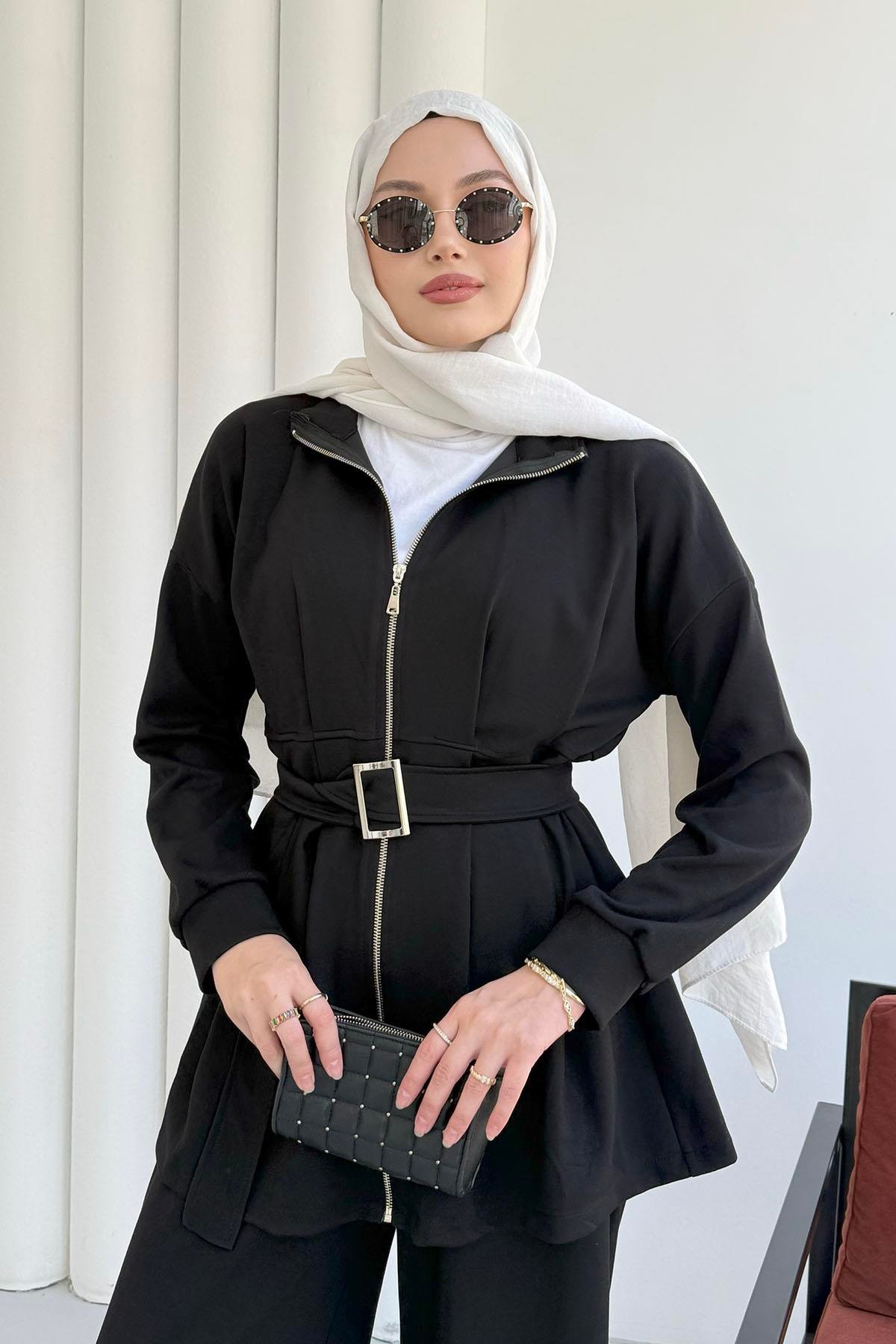 Beli Pileli Fermuarlı Oysho Kumaş Tesettür Takım-SİYAH