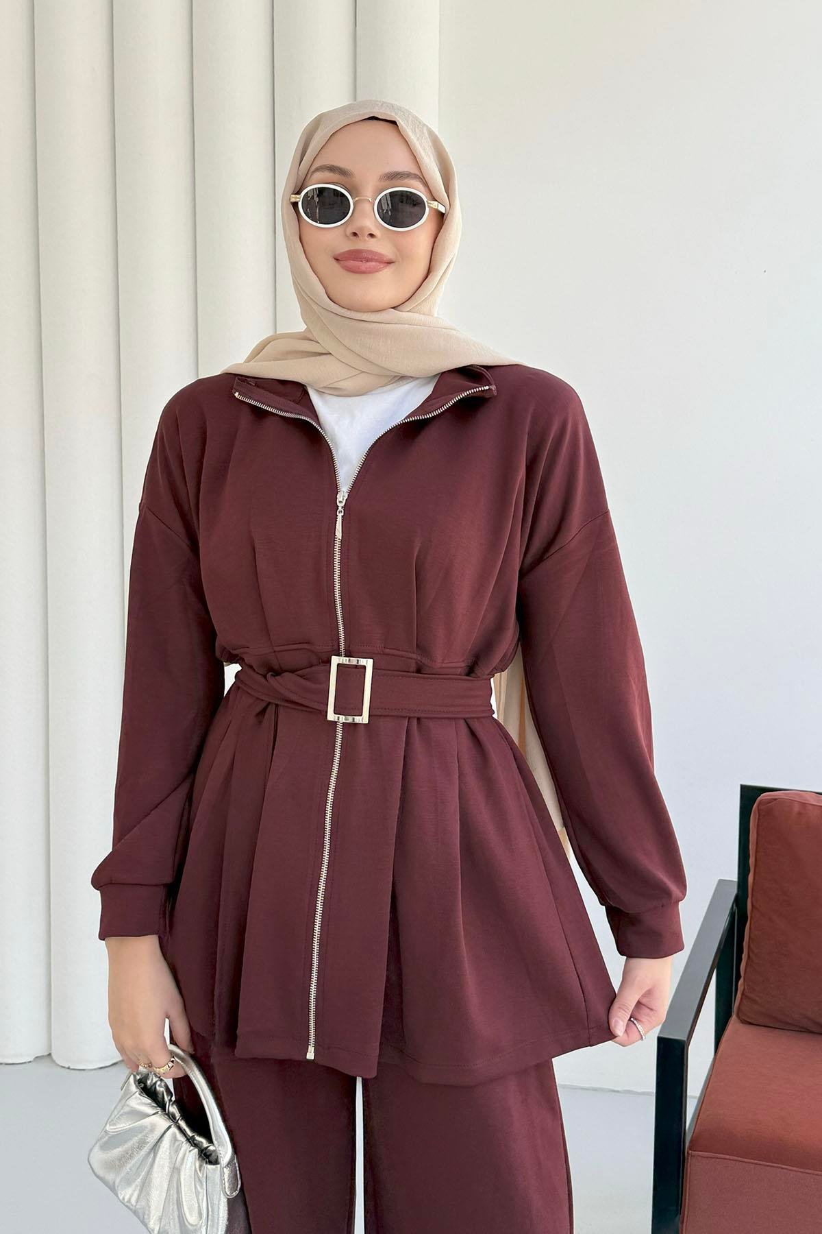 Beli Pileli Fermuarlı Oysho Kumaş Tesettür Takım-BORDO