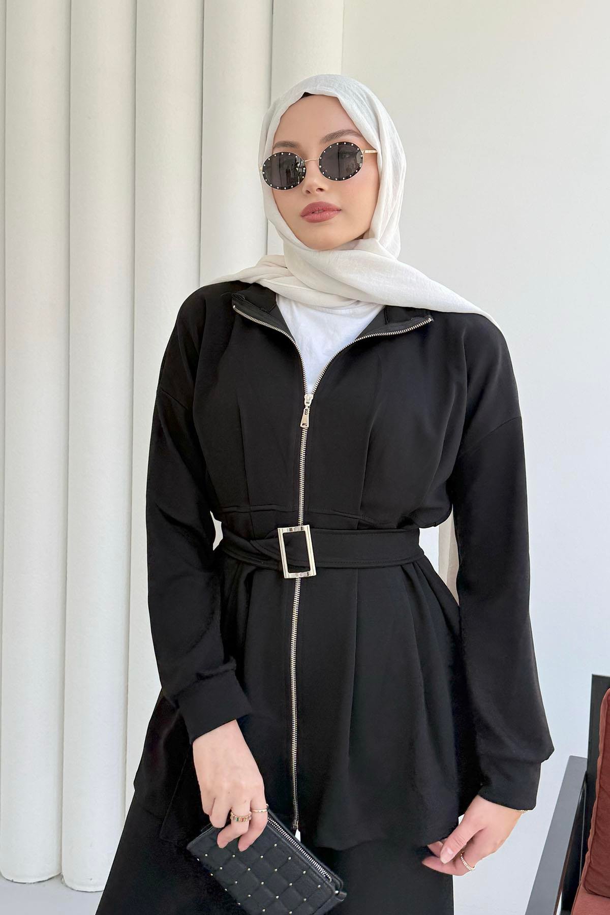 Beli Pileli Fermuarlı Oysho Kumaş Tesettür Takım-SİYAH