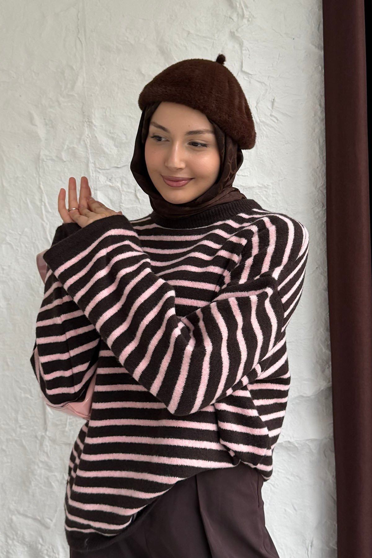 Bisiklet Yaka Çizgili Triko Kazak-PEMBE