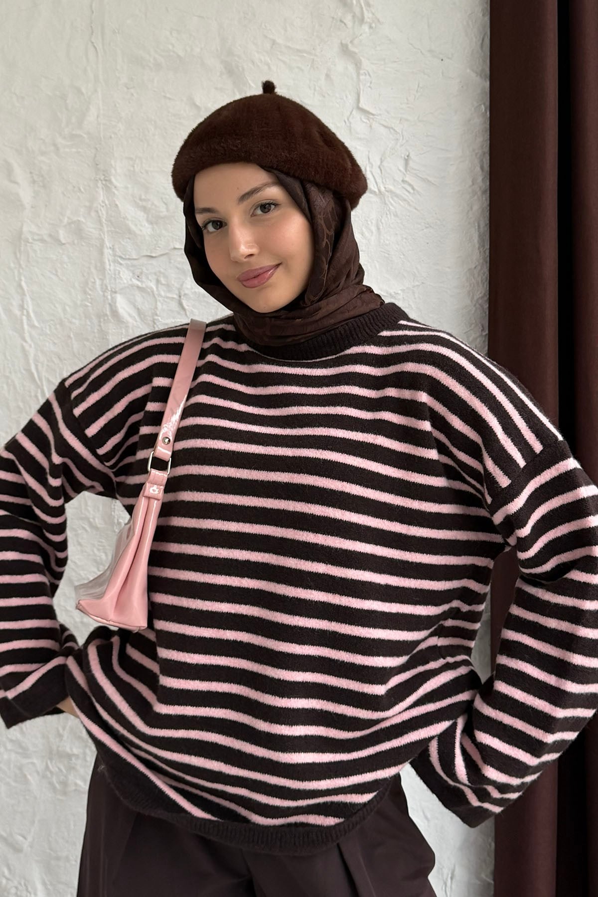 Bisiklet Yaka Çizgili Triko Kazak-PEMBE