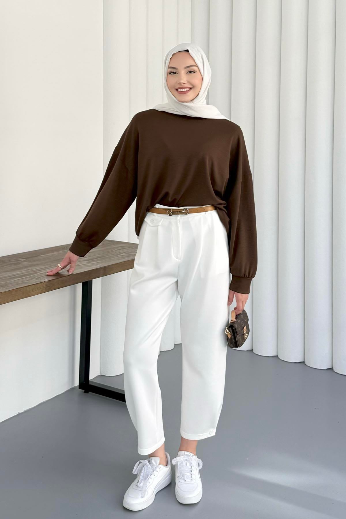 Bisiklet Yaka Oysho Kumaş Sweatshirt-KAHVERENGİ