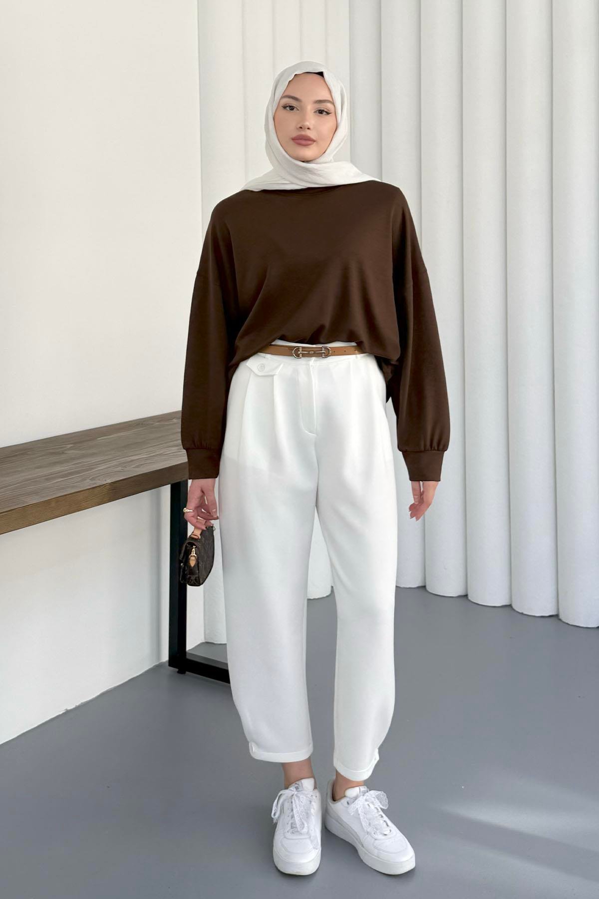Bisiklet Yaka Oysho Kumaş Sweatshirt-KAHVERENGİ