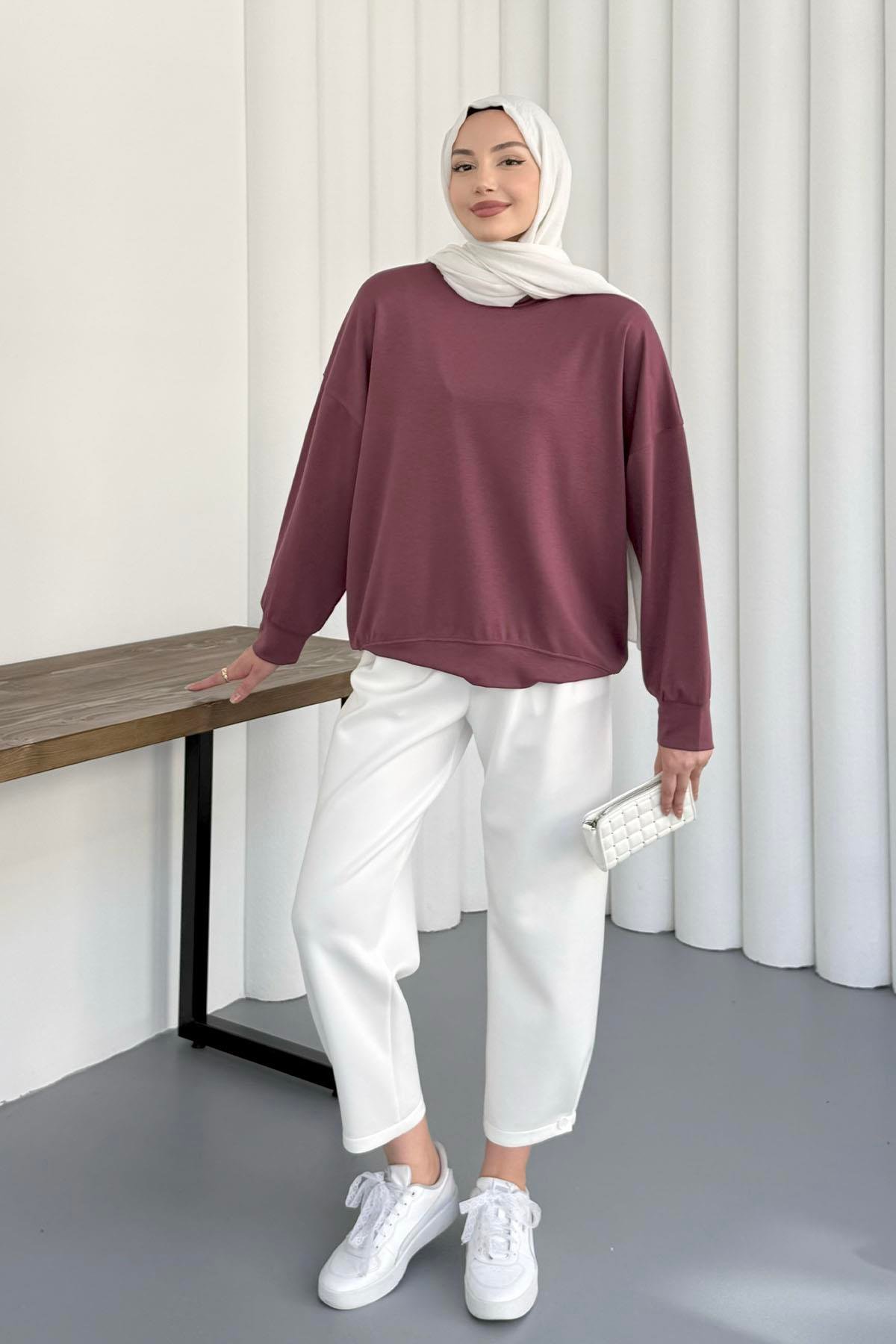 Bisiklet Yaka Oysho Kumaş Sweatshirt-MÜRDÜM