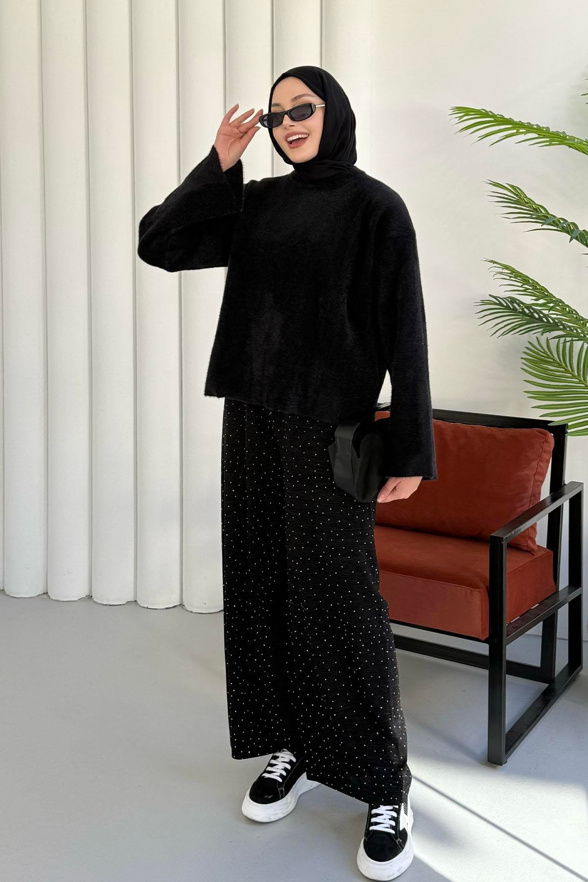 Bisiklet Yaka Yumuşak Dokulu Triko Kazak-SİYAH